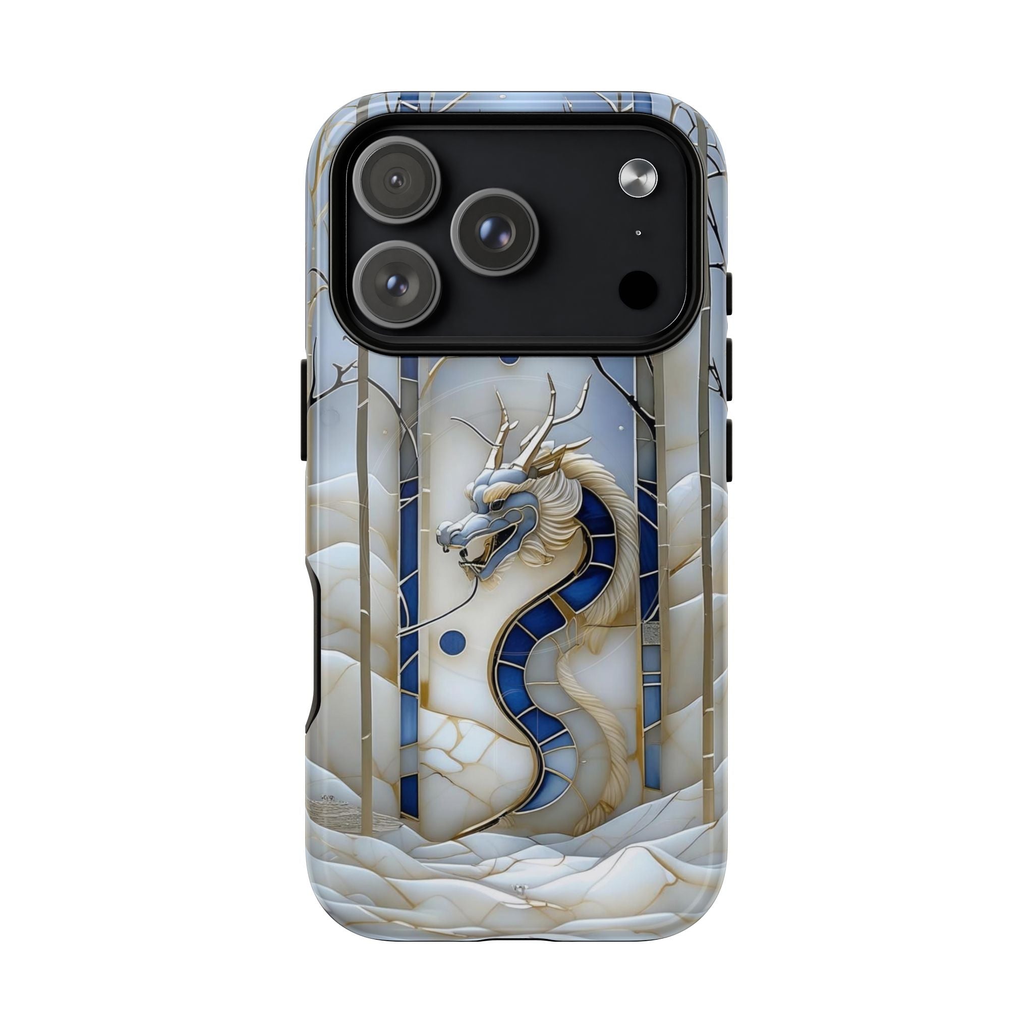Dragon Stained Glass Tough MagSafe Phone Case — Blue & Ivory Medieval Art