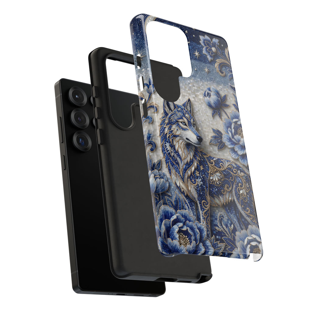 Blue Floral Wolf Tough Samsung Galaxy Phone Case | Moonlit Wolf Protective Cover