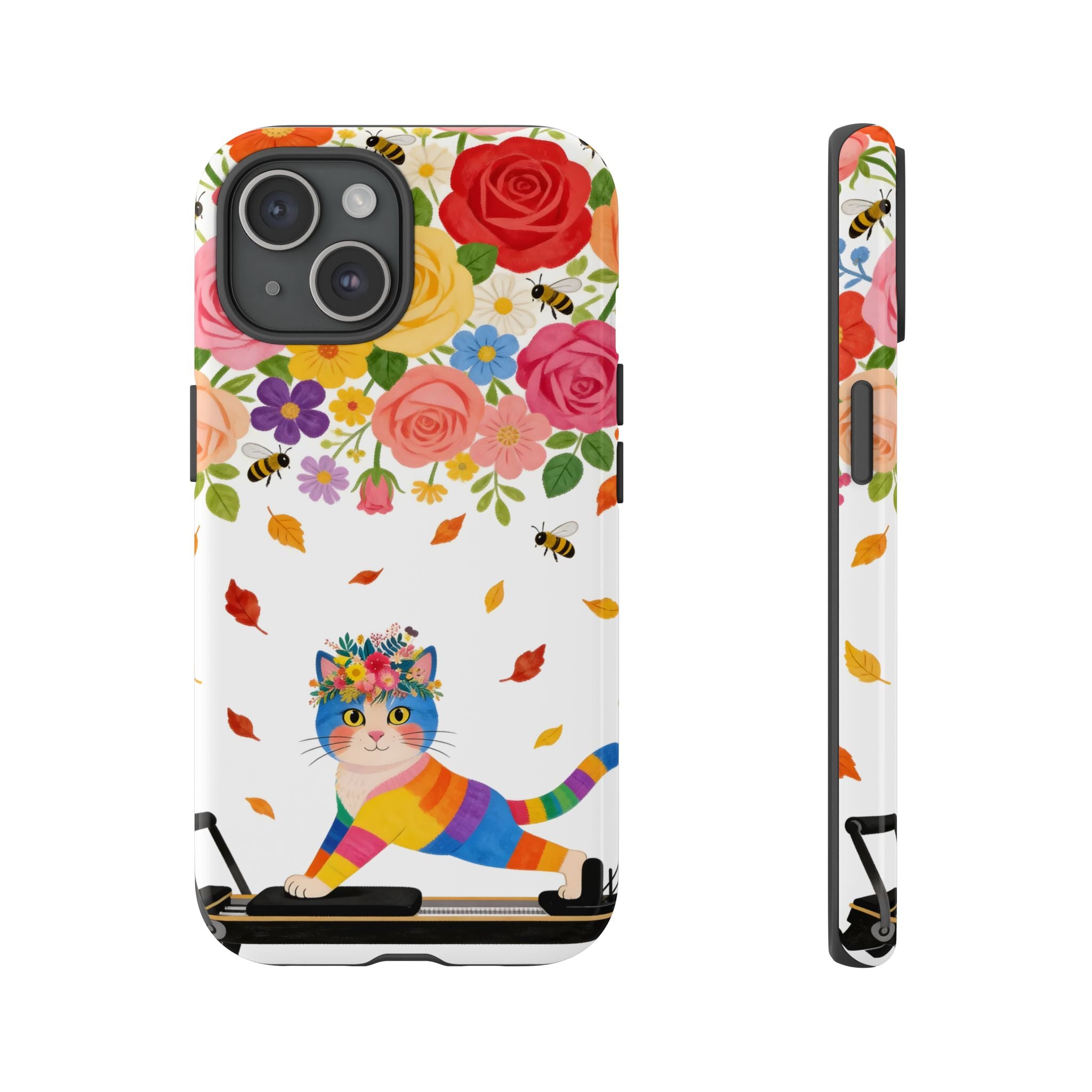 Floral Rainbow Cat Tough iPhone Case — Colorful Pilates Cat Design