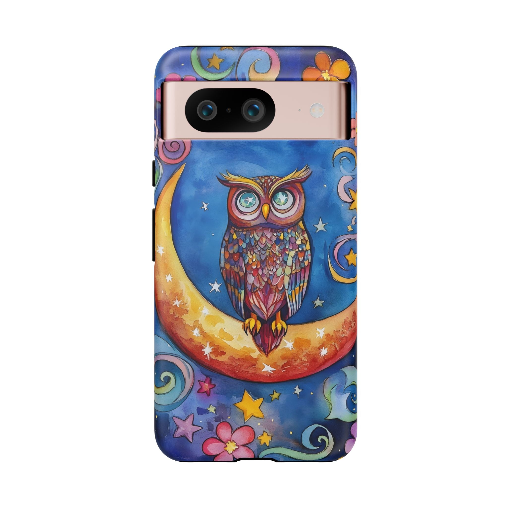 Owl on Crescent Moon Google Pixel Case — Colourful Whimsical Night Sky Design