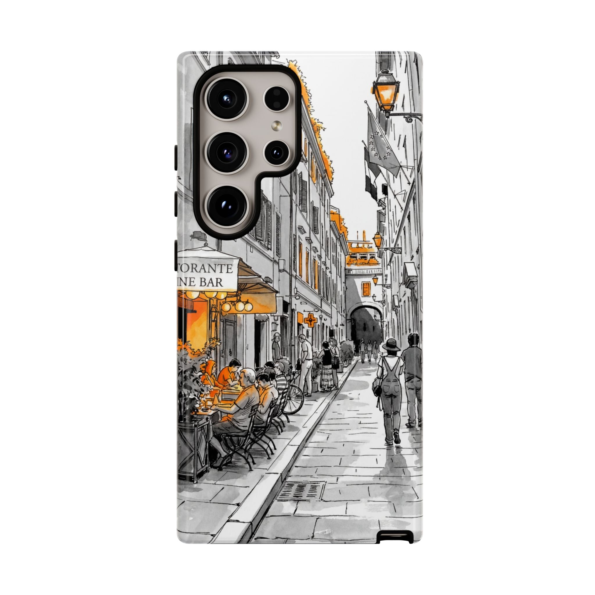 Italy Street Samsung Galaxy Case | Black & White Cityscape with Orange Accents