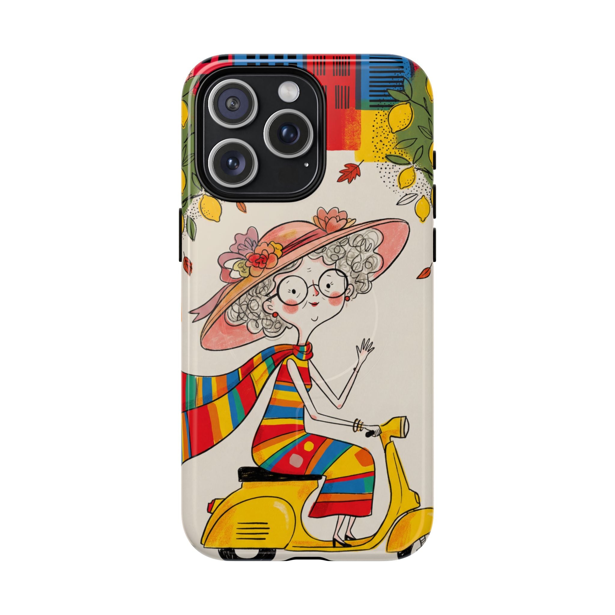 Vintage Scooter Granny MagSafe iPhone Case | Colourful Retro Elderly Lady Design