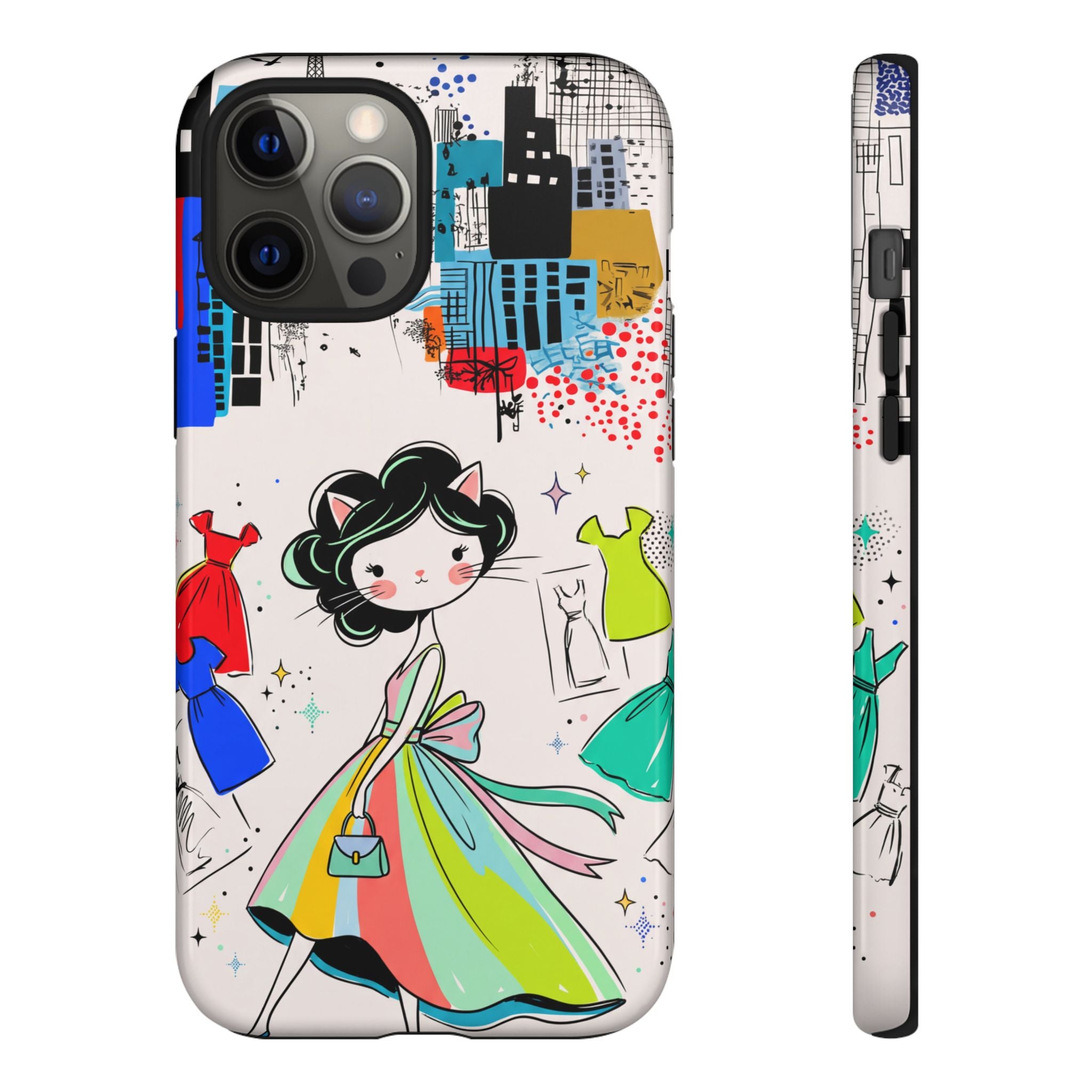 Retro Fashion Cat Girl iPhone Case | Cute Dress & City Print