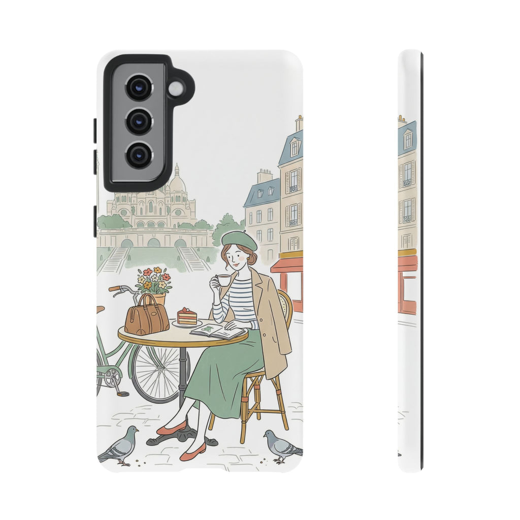 Paris Cafe Illustration Samsung Galaxy Phone Case | Vintage Bicycles & Pigeons Protective Cover