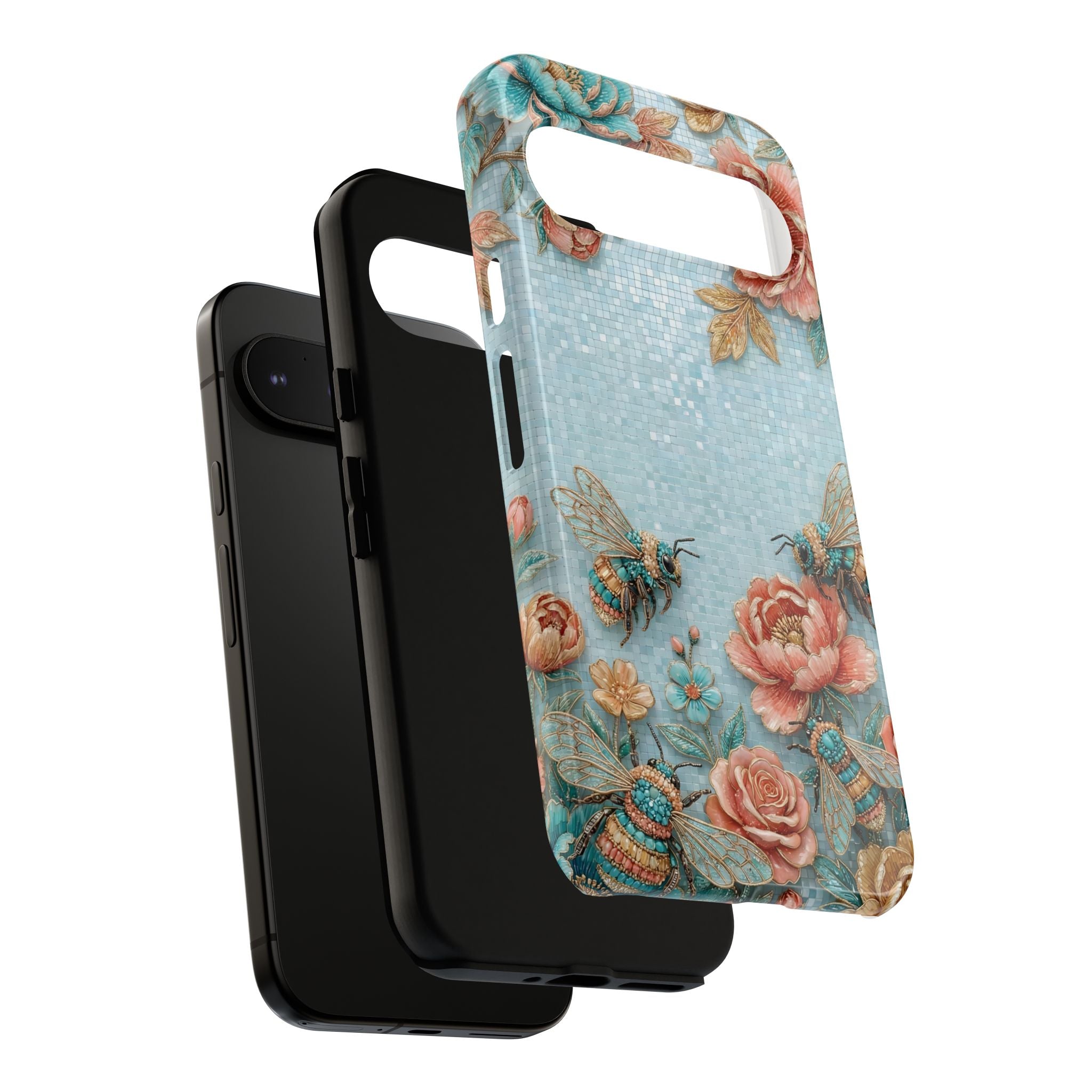 Floral Bees Google Pixel Phone Case | Vintage Rose & Turquoise Protective Cover