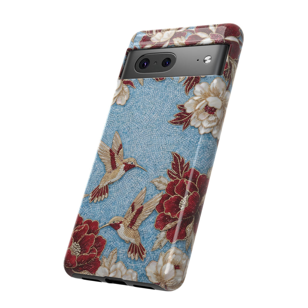 Cover Rigida per Google Pixel Colibrì Floreale | Design Botanico Vintage Blu e Borgogna