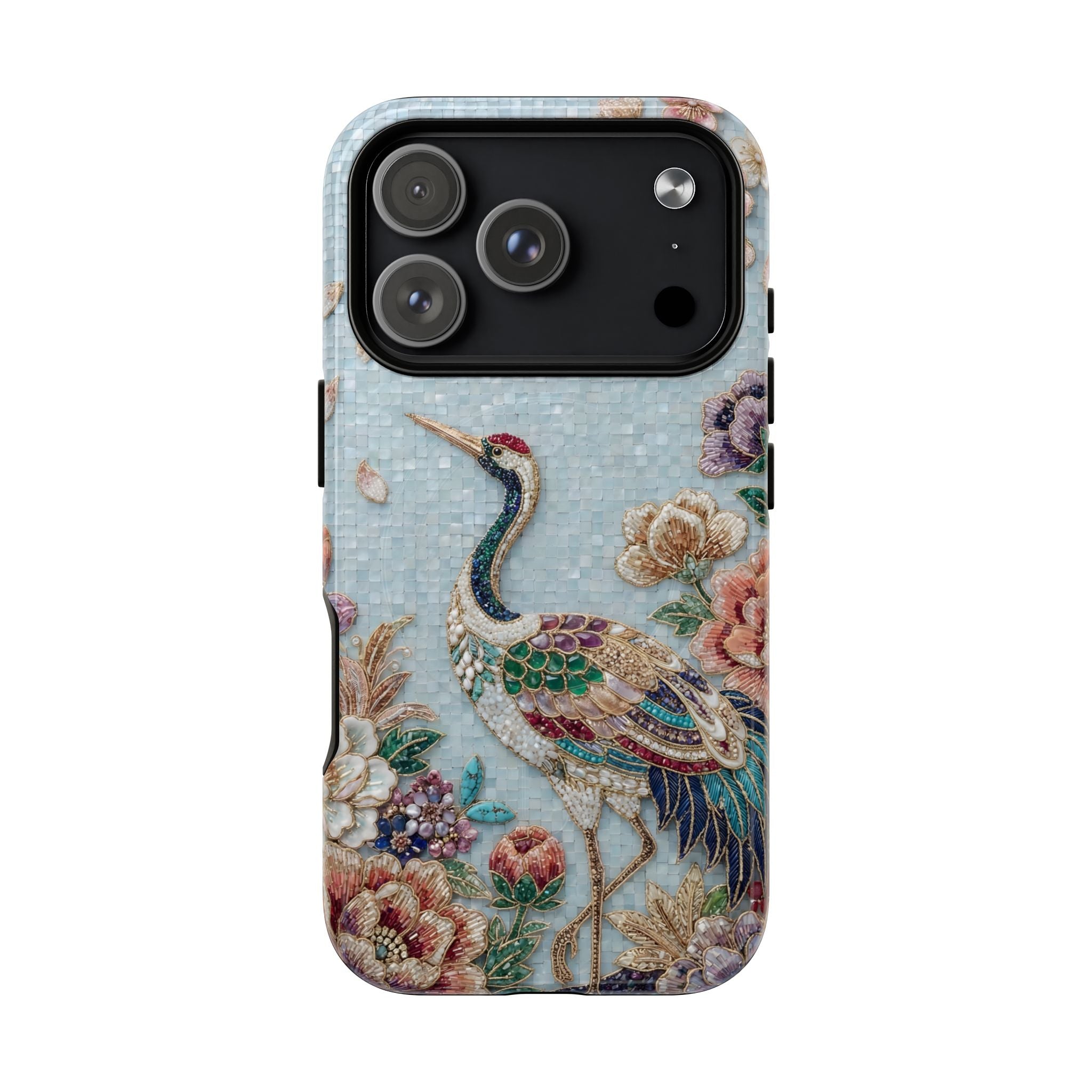 Floral Crane Tough MagSafe iPhone Case | Vintage Embroidered Bird Protection