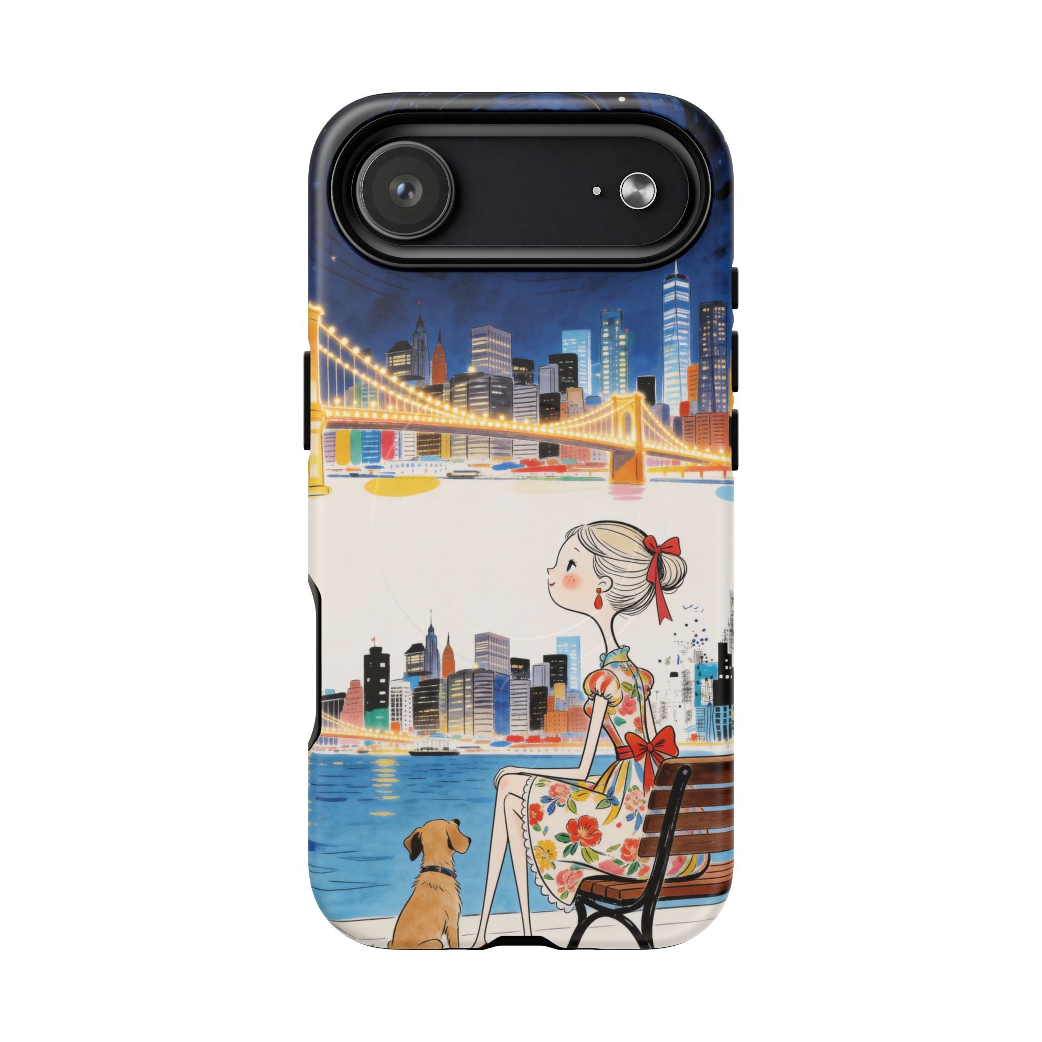 City Night MagSafe iPhone Case | Cute Girl & Dog Bench Illustration