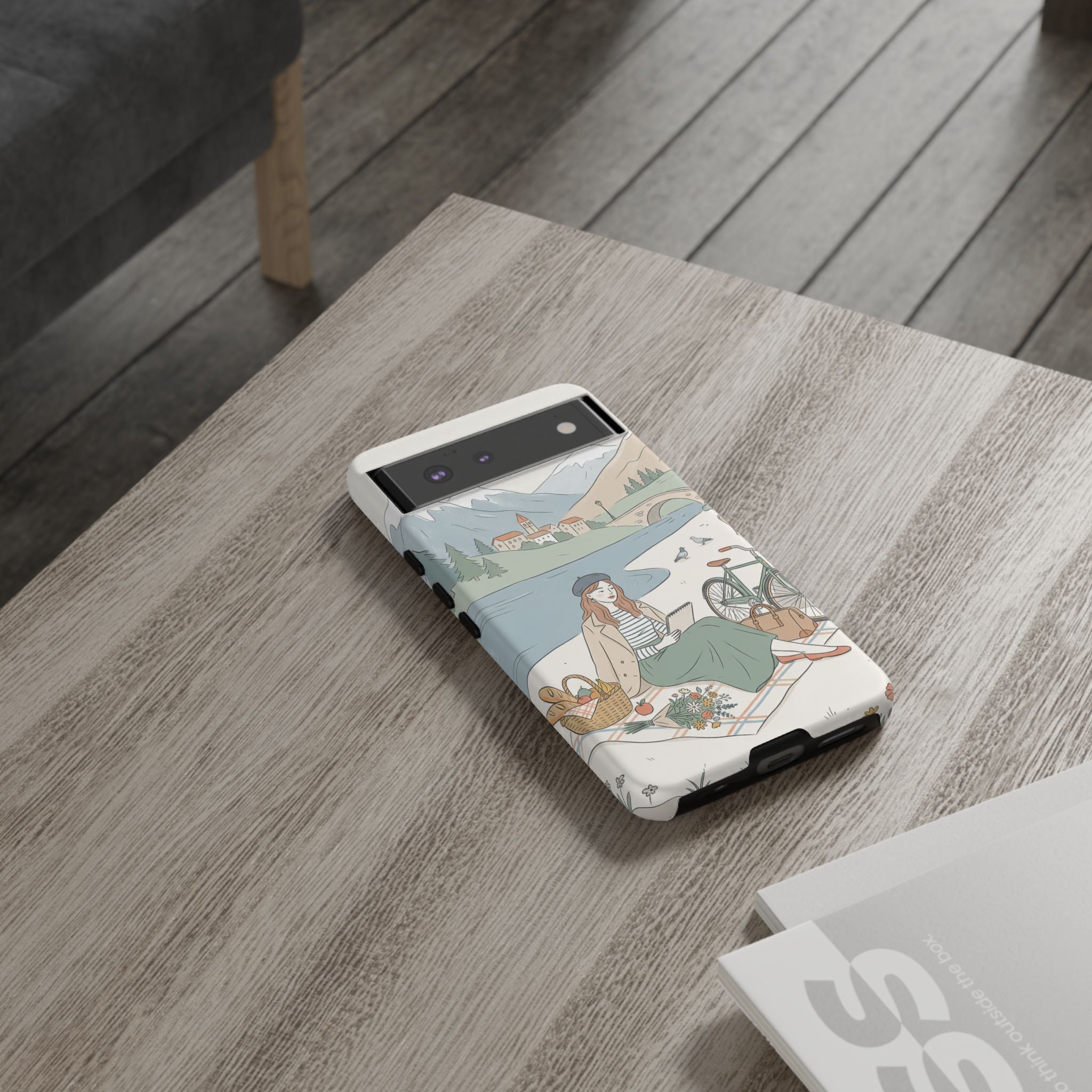 Scenic Picnic Google Pixel Phone Case | Vintage Bicycle & Mountain Illustration