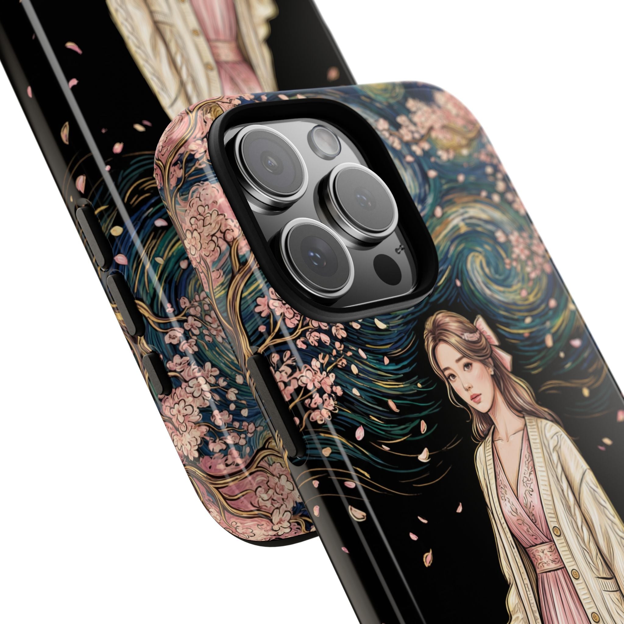 Floral Starry Night iPhone Case | Elegant Girl in Pink Dress