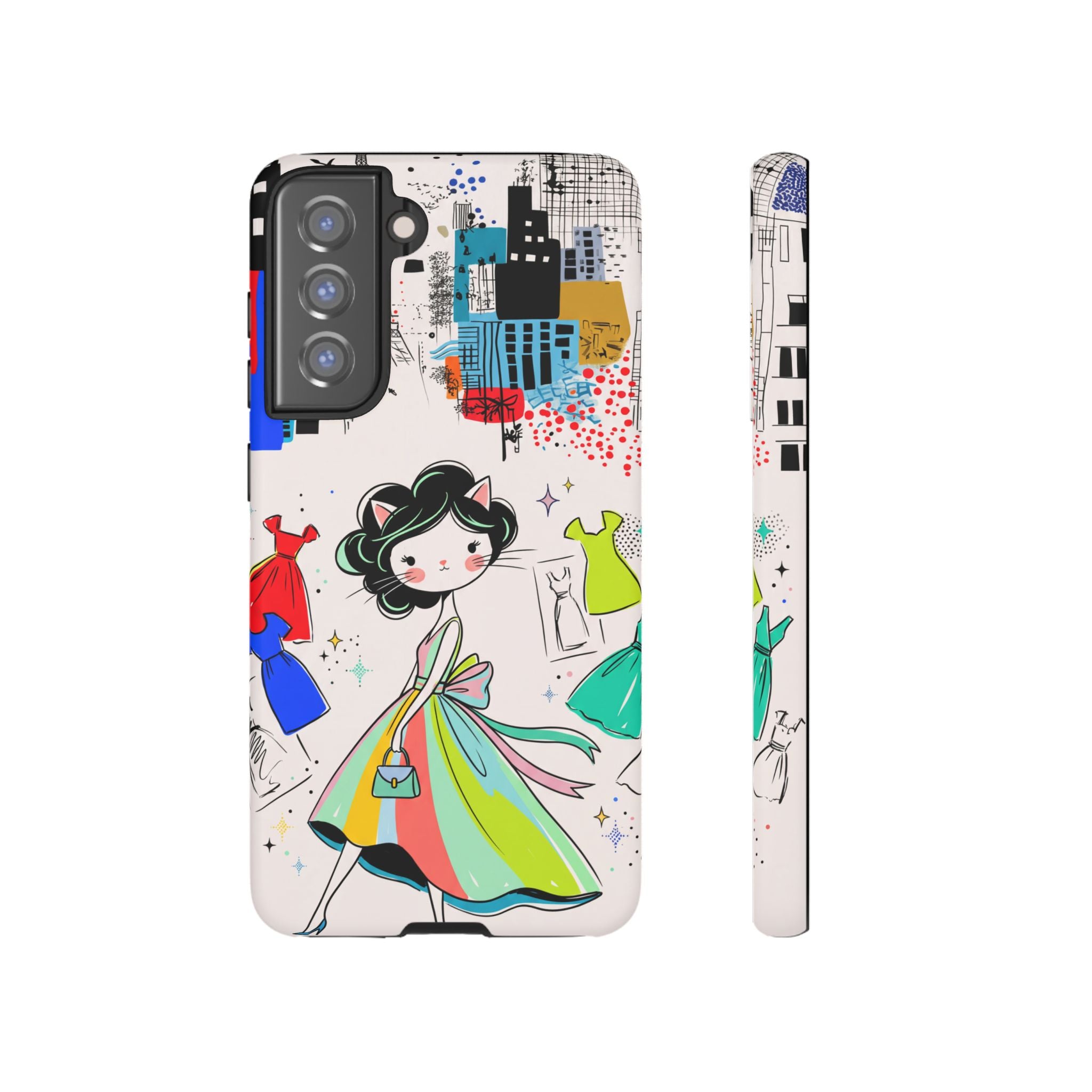 Retro Fashion Cat Girl Samsung Galaxy Phone Case | Cute Dress & City Print