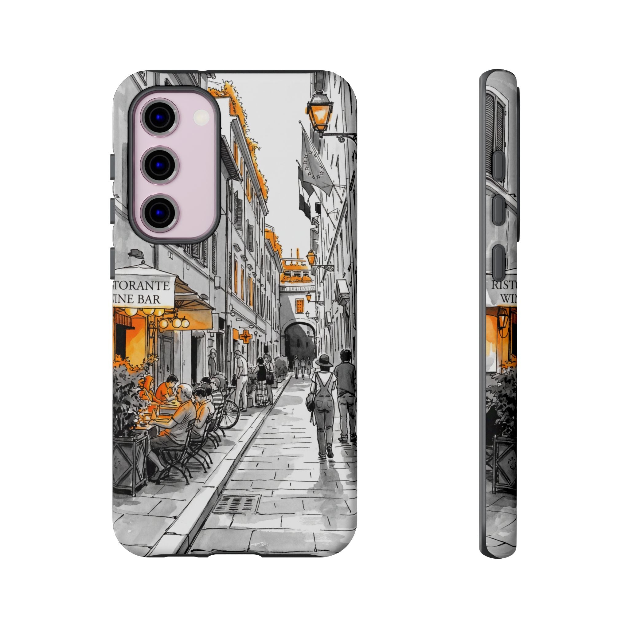 Italy Street Samsung Galaxy Case | Black & White Cityscape with Orange Accents