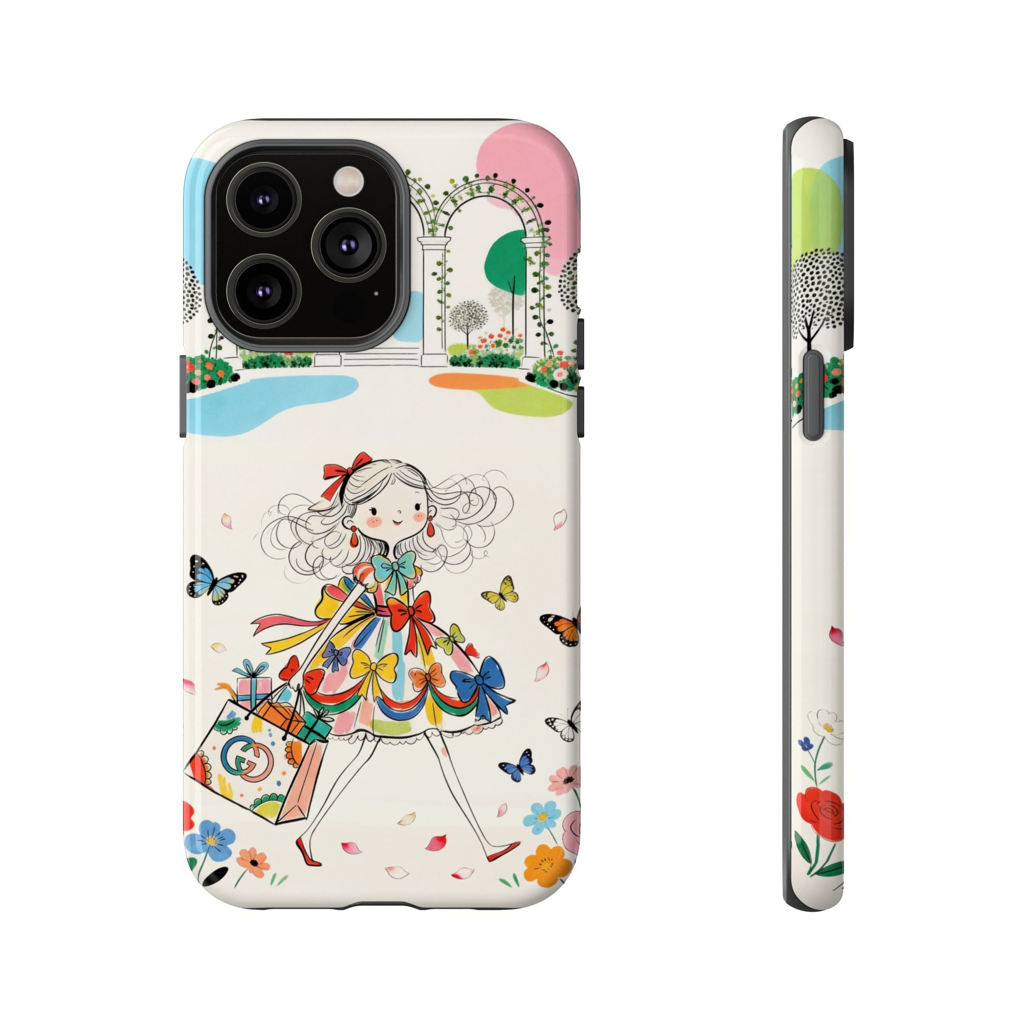 Whimsical Shopping Girl iPhone Case | Cute Floral Butterfly Tough Case