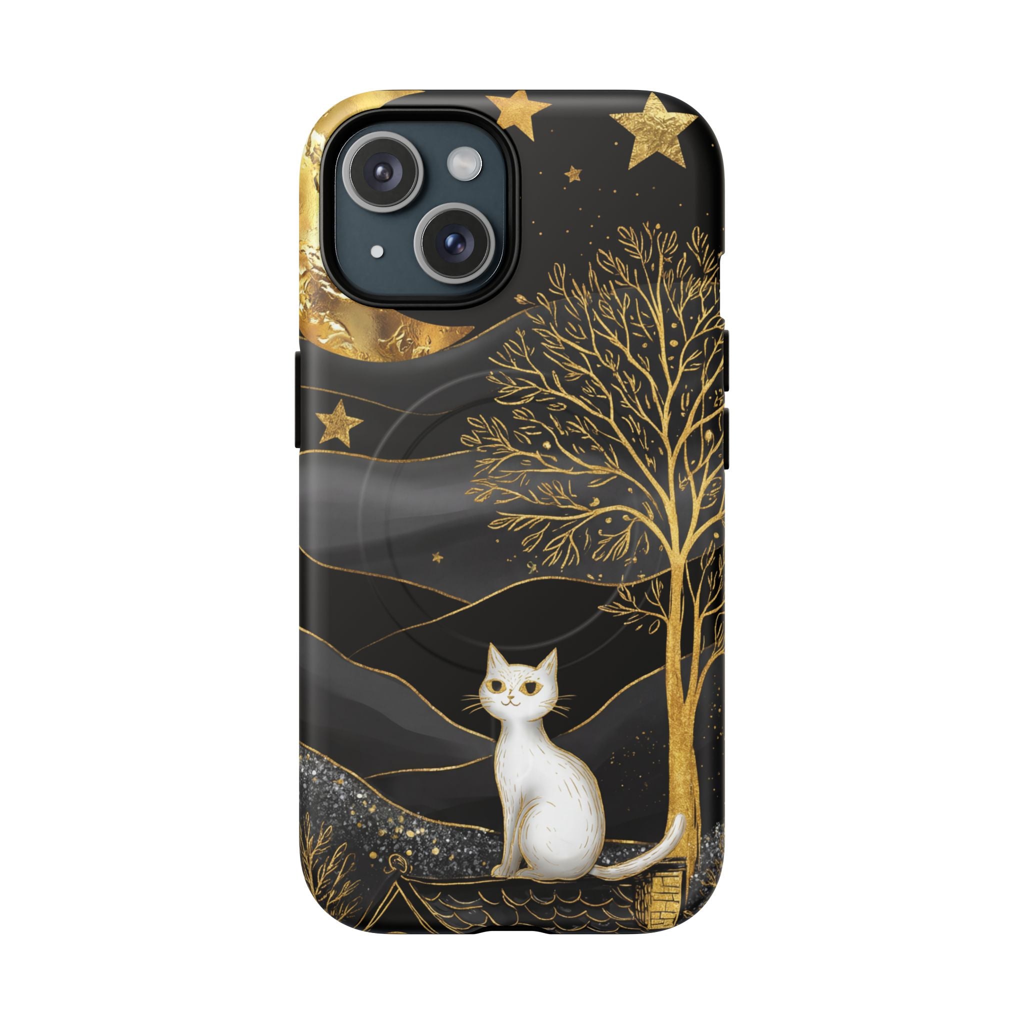 Custodia per iPhone Moonlit Cat | Custodia resistente MagSafe nera e oro