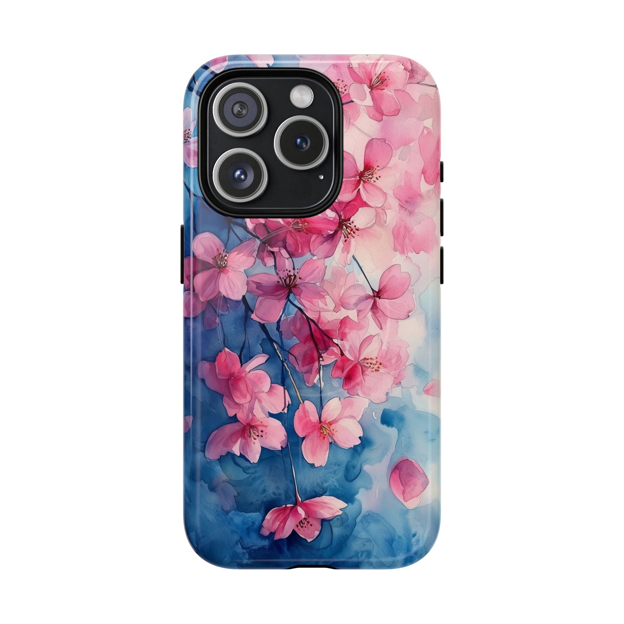 Custodia MagSafe per iPhone con motivo floreale di ciliegio in fiore | Acquerello rosa e blu