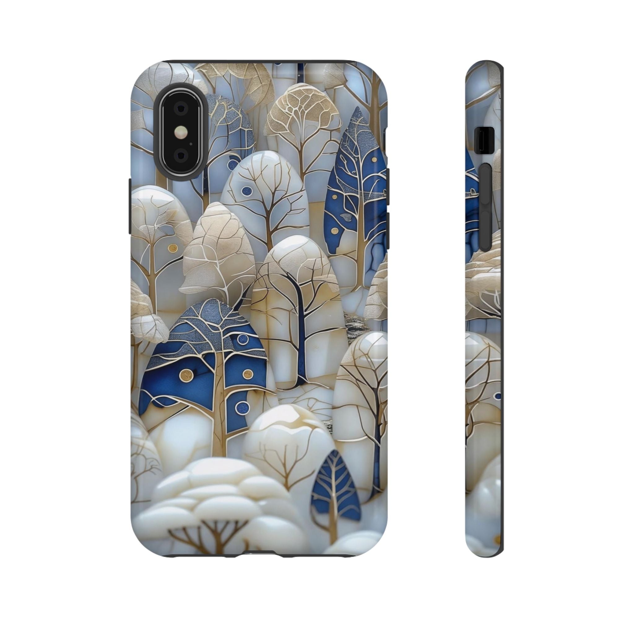 Blue Gold Winter Forest iPhone Case — Elegant Tree Pattern Tough Case