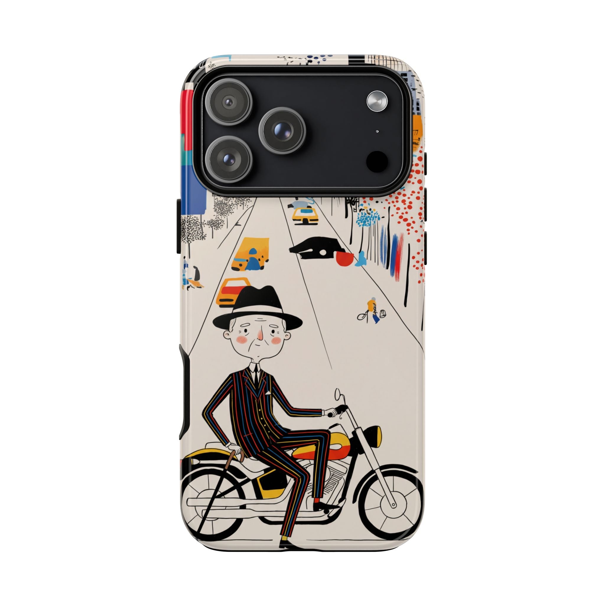 Vintage Grandpa Rider Motorcycle iPhone Case | Illustrated Cityscape
