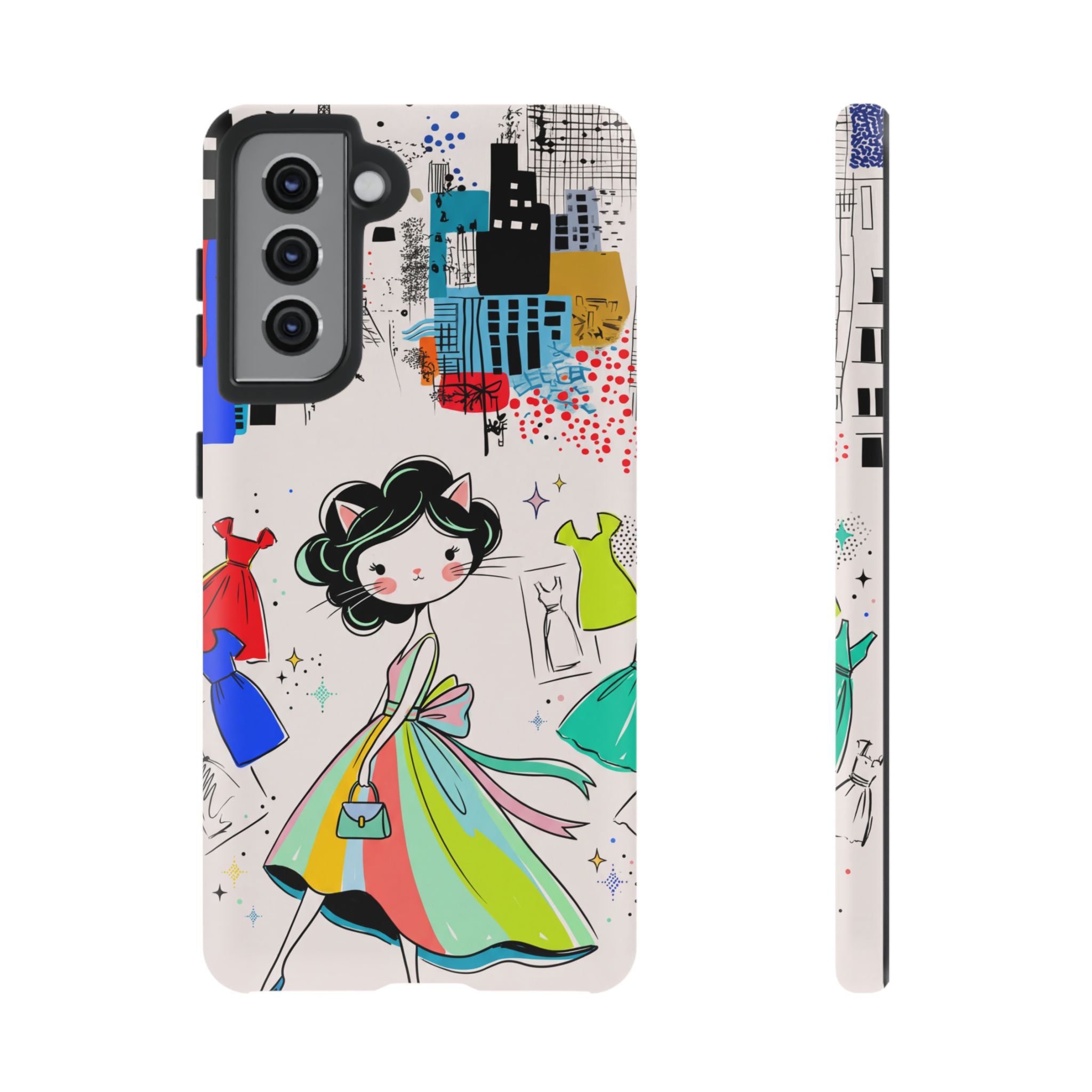Retro Fashion Cat Girl Samsung Galaxy Phone Case | Cute Dress & City Print