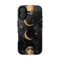 Custodia rigida MagSafe per iPhone con fasi lunari celestiali | Design a forma di galassia con mezzaluna dorata e luna piena