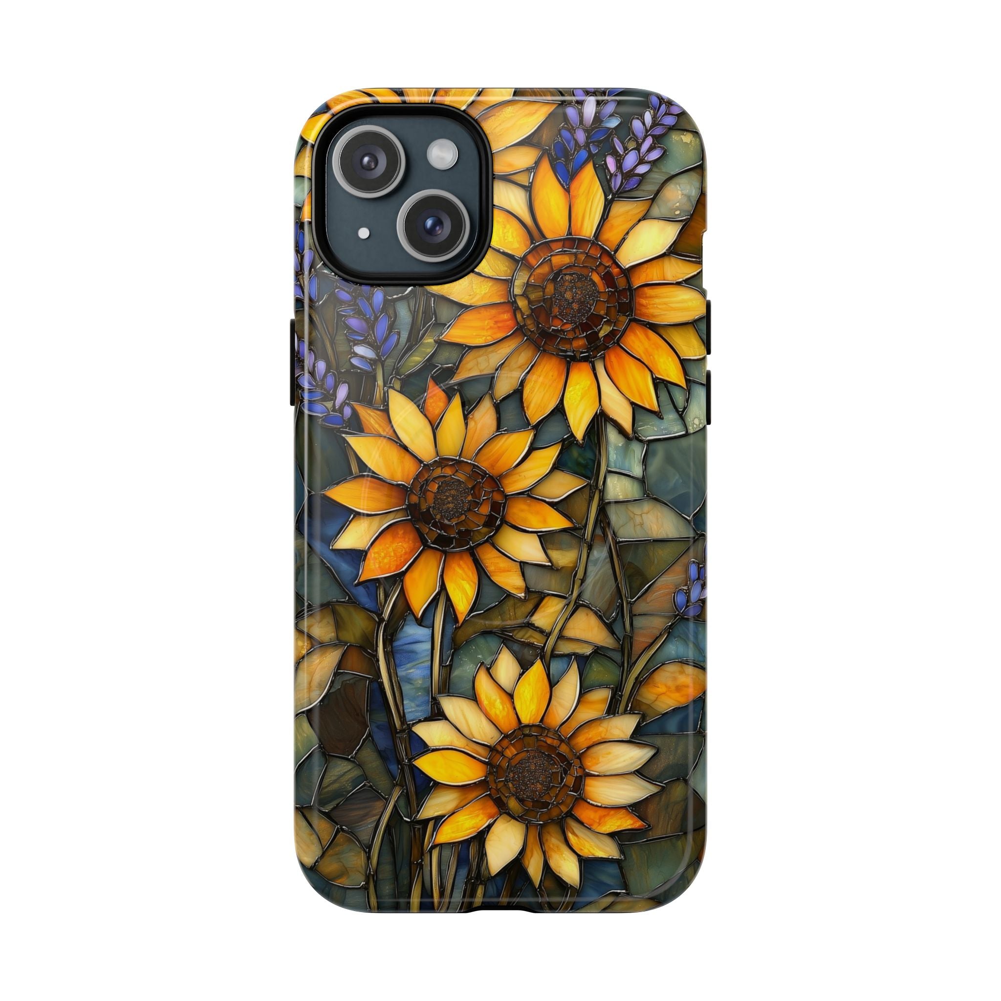 Custodia MagSafe resistente per iPhone con motivo a girasole in vetro colorato