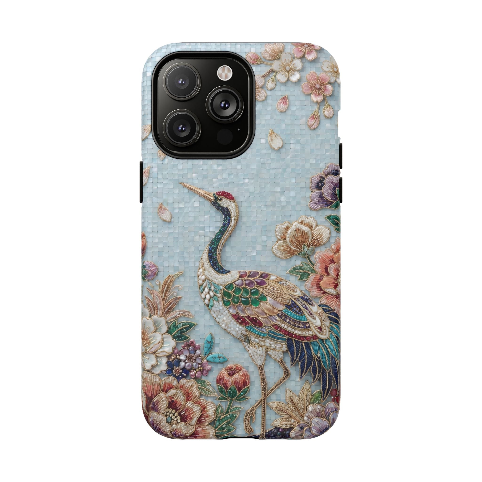 Floral Crane Tough MagSafe iPhone Case | Vintage Embroidered Bird Protection