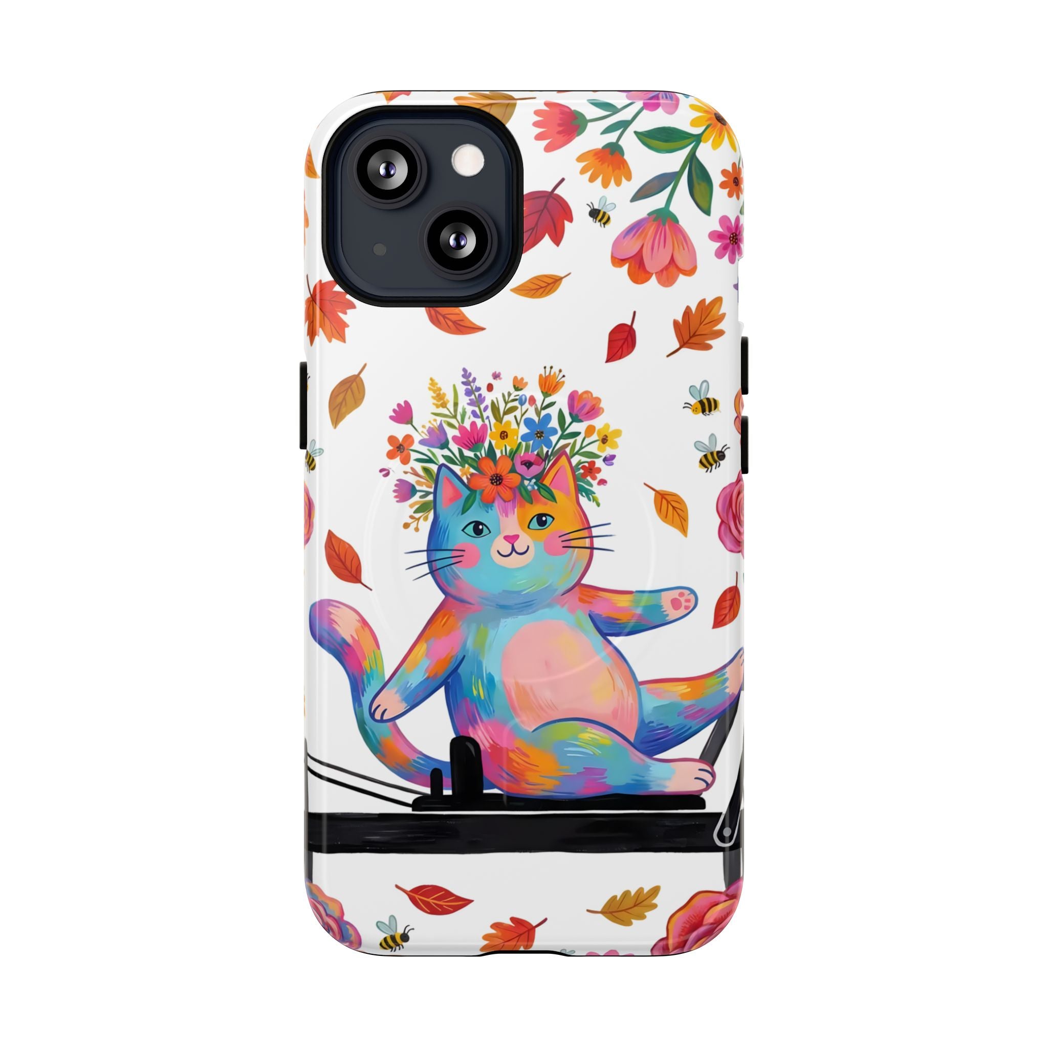 Colorful Floral Cat on Pilates Reformer Protective MagSafe iPhone Case