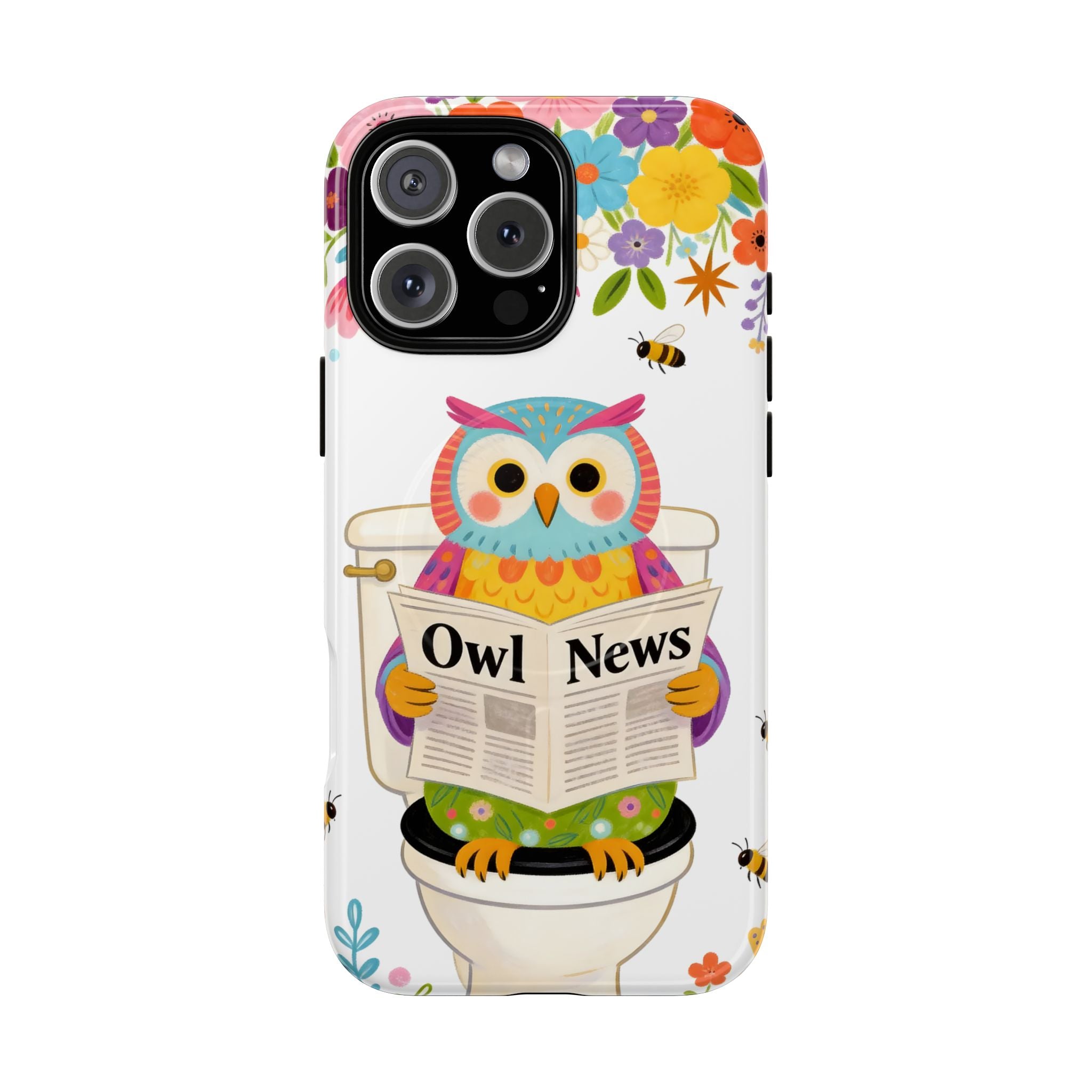 Owl News Floral MagSafe iPhone Case | Cute Owl Reading Newspaper on Toilet