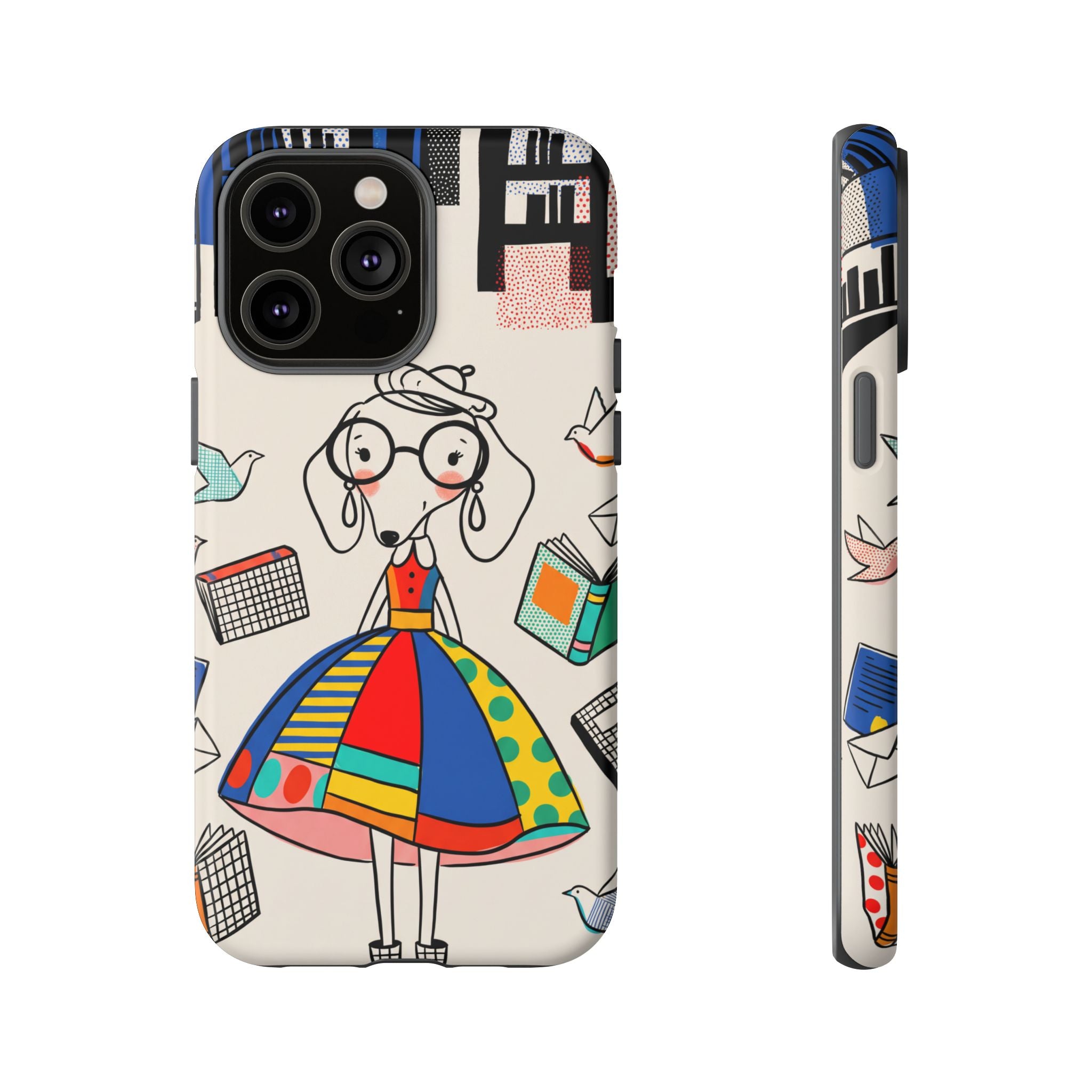 Cute Dachshund Dog Illustration iPhone Case | Colorful Whimsical Book & Bird Design