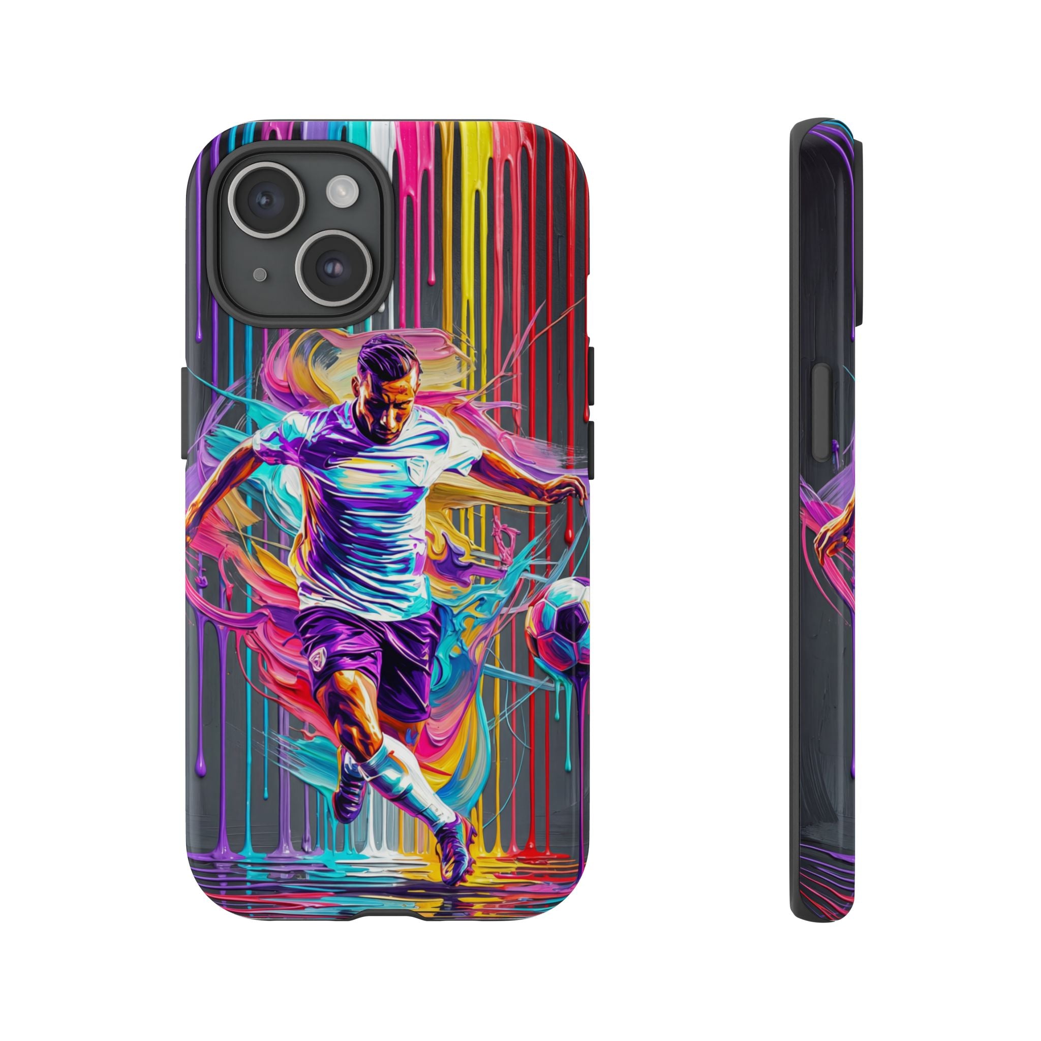 Soccer Player Neon Art iPhone Case | Vibrant Football Kick Protective Cover