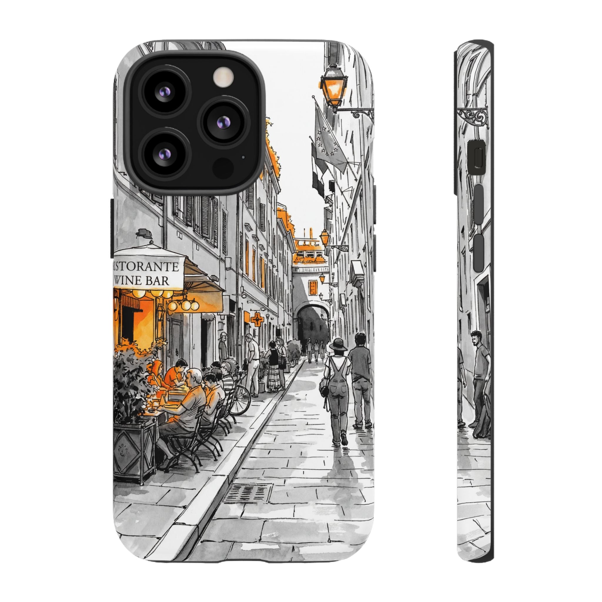 Vintage Italy Street iPhone Case | Black & White Sketch with Orange Accent