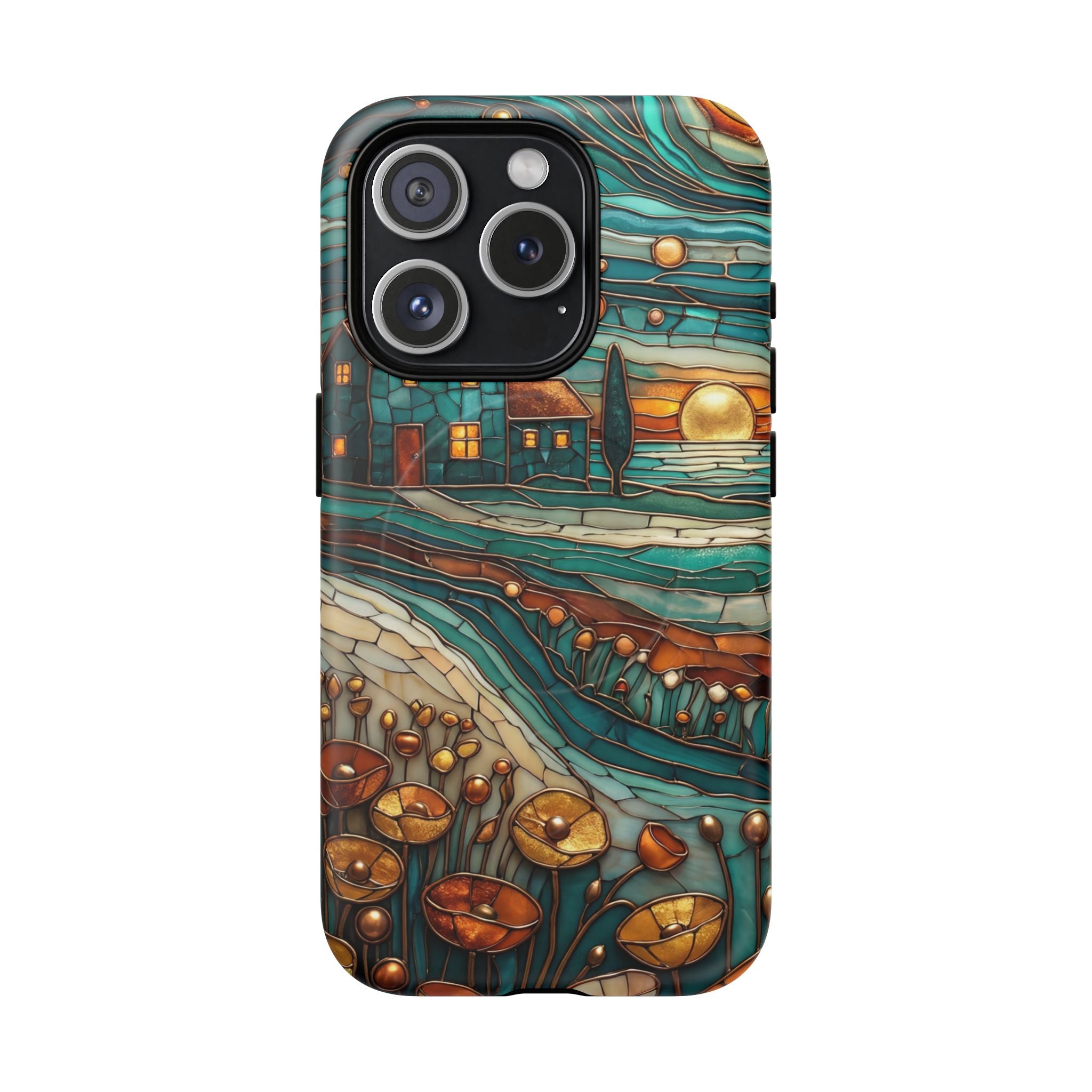 Custodia per telefono MagSafe resistente con paesaggio rustico al tramonto | Custodia protettiva artistica color verde acqua e rame