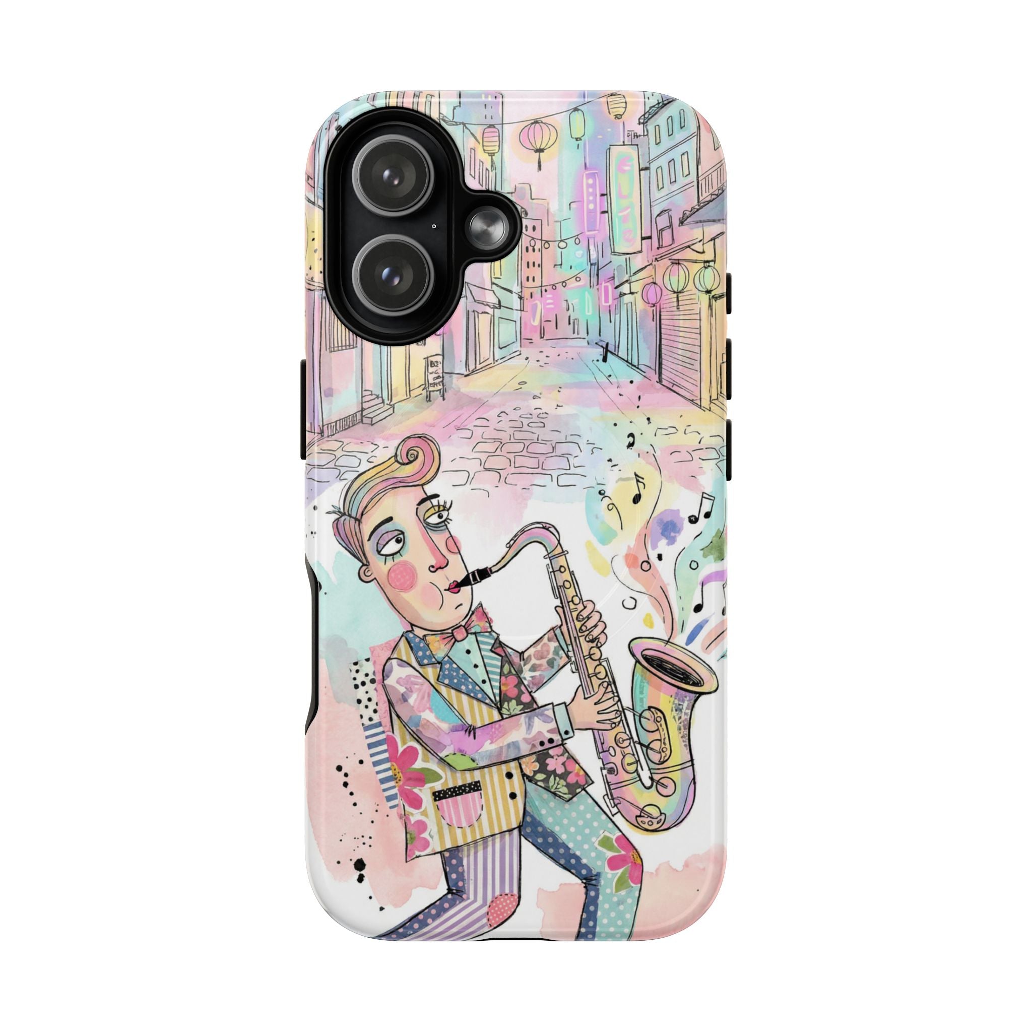 Sax Player Art MagSafe iPhone Case | Pastel Jazz Street Illustration