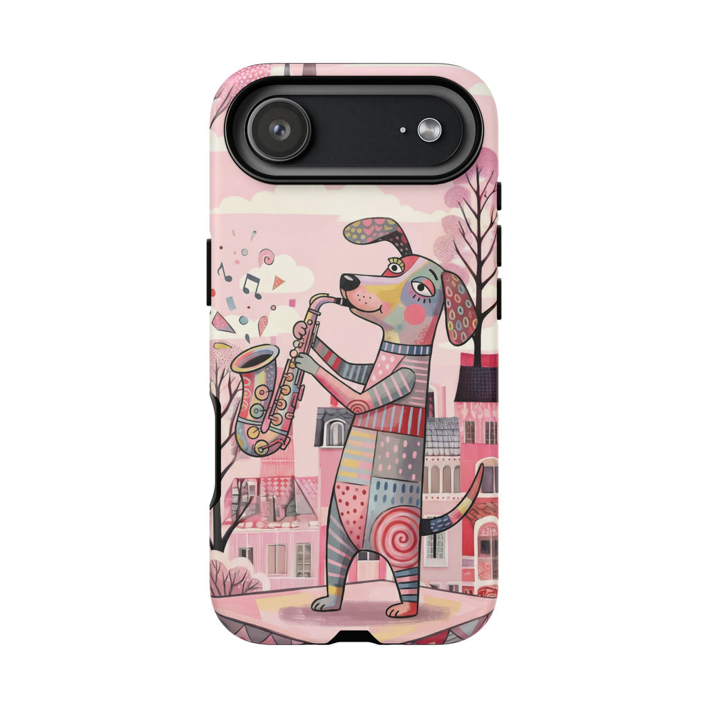 Saxophone Dog iPhone Case | Cute Pink Musical Art Protective Case