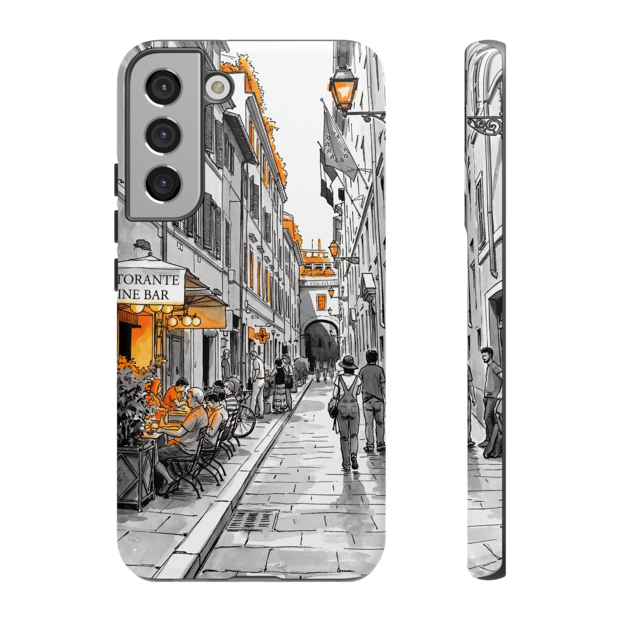 Italy Street Samsung Galaxy Case | Black & White Cityscape with Orange Accents