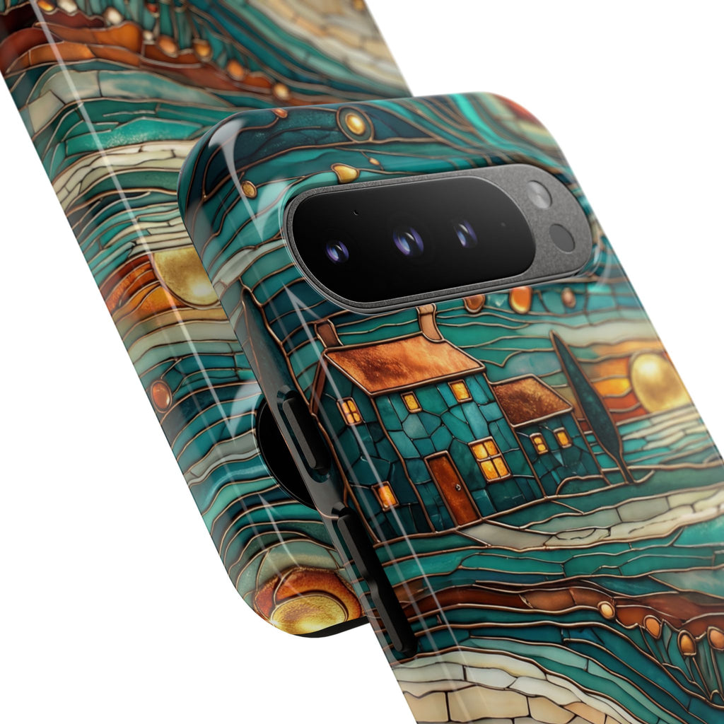 Artistic Sunset Cottage Google Pixel Case | Whimsical Floral Landscape Protective Cover