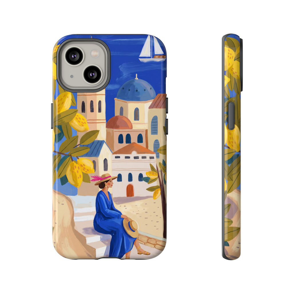 Mediterranean Village iPhone Case | Scenic Sailboat & Lemon Grove Design