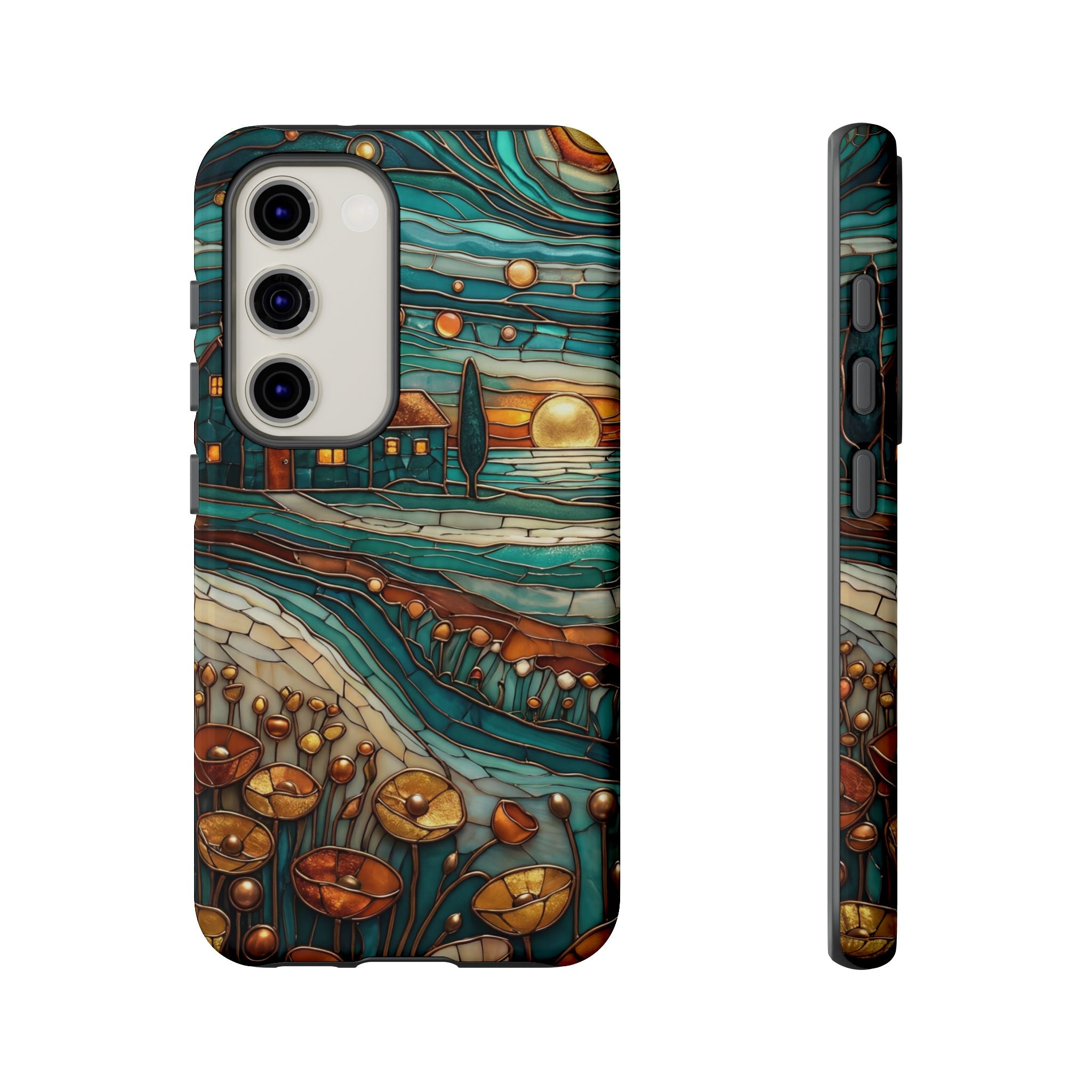 Artistic Sunset Cottage Samsung Galaxy Case | Whimsical Floral Landscape Protective Cover