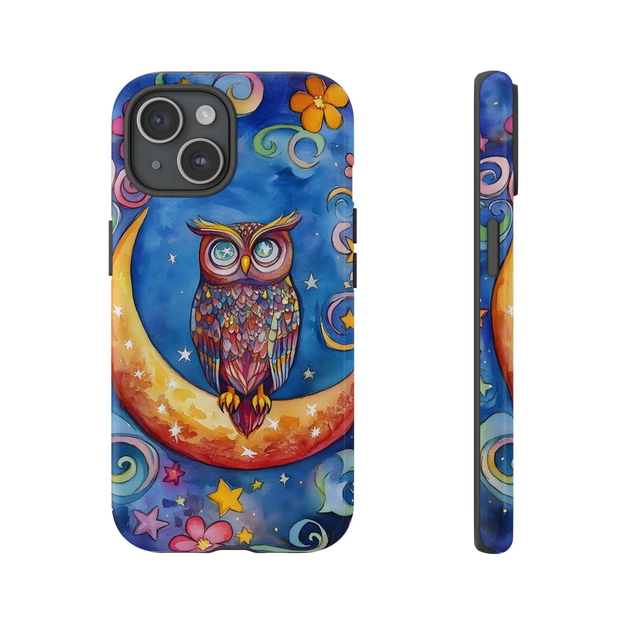 Owl on Crescent Moon iPhone Case — Colourful Whimsical Night Sky Design