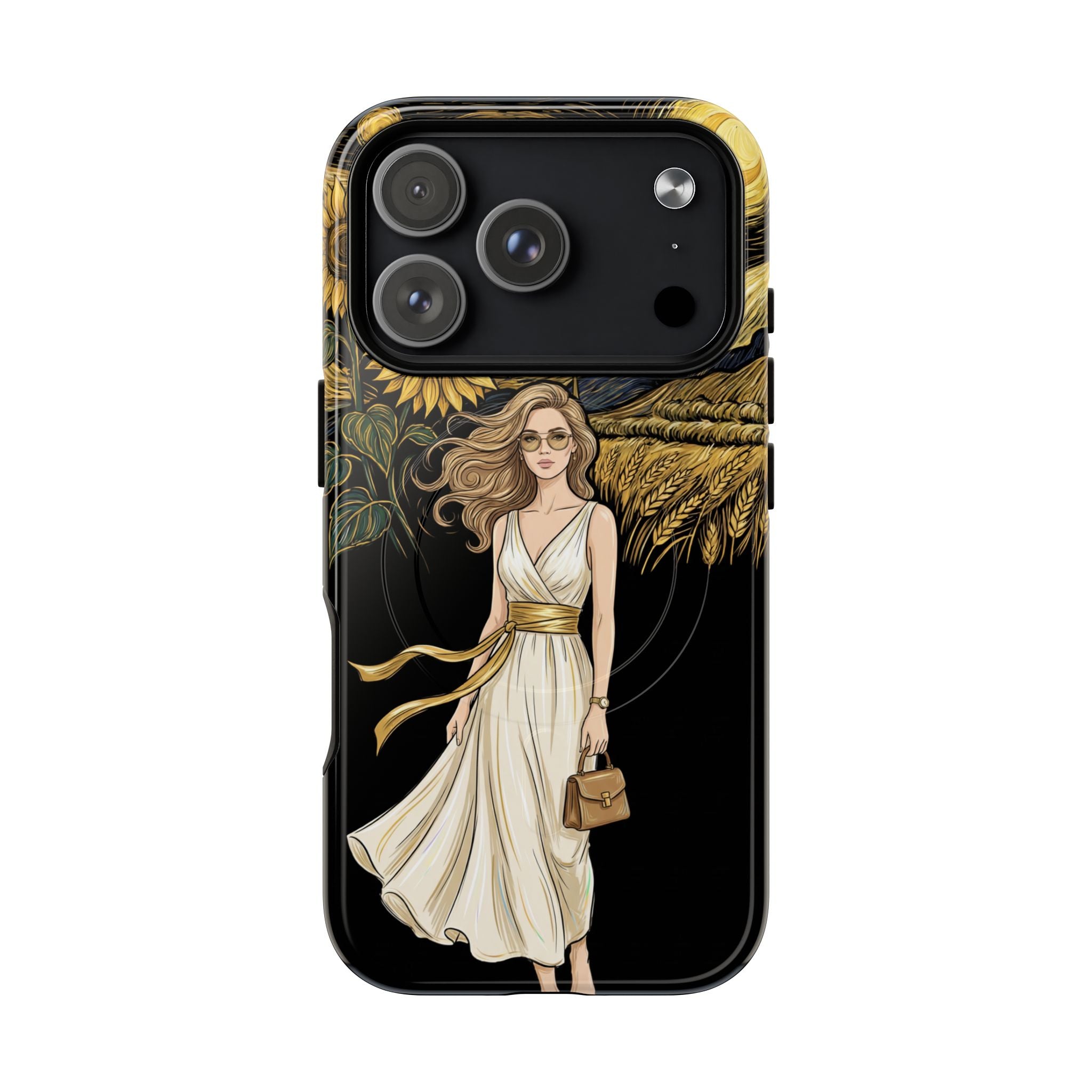 Sunflower Night MagSafe iPhone Case | Woman in Flowing Dress Van Gogh Style