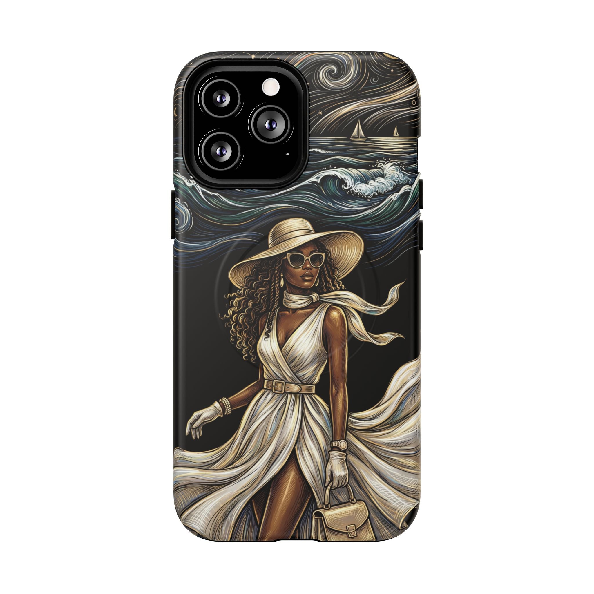 MagSafe iPhone Case | Elegant Black Woman in Flowing Dress by the Sea