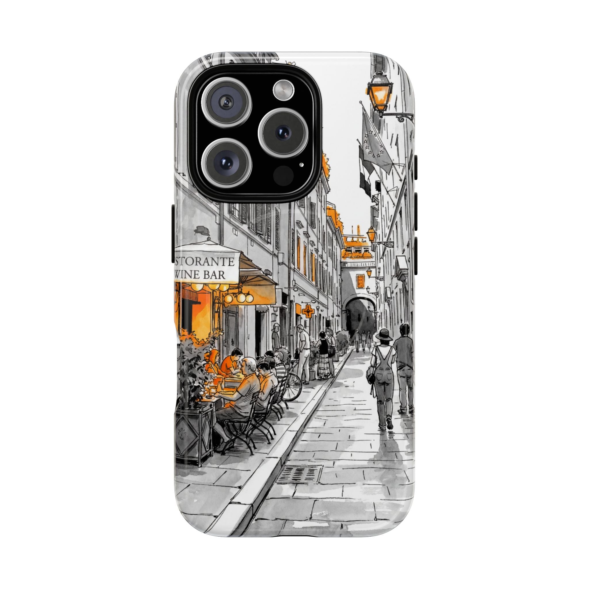 Custodia per iPhone con scena di strada in Italia | Custodia MagSafe resistente con dettagli arancioni
