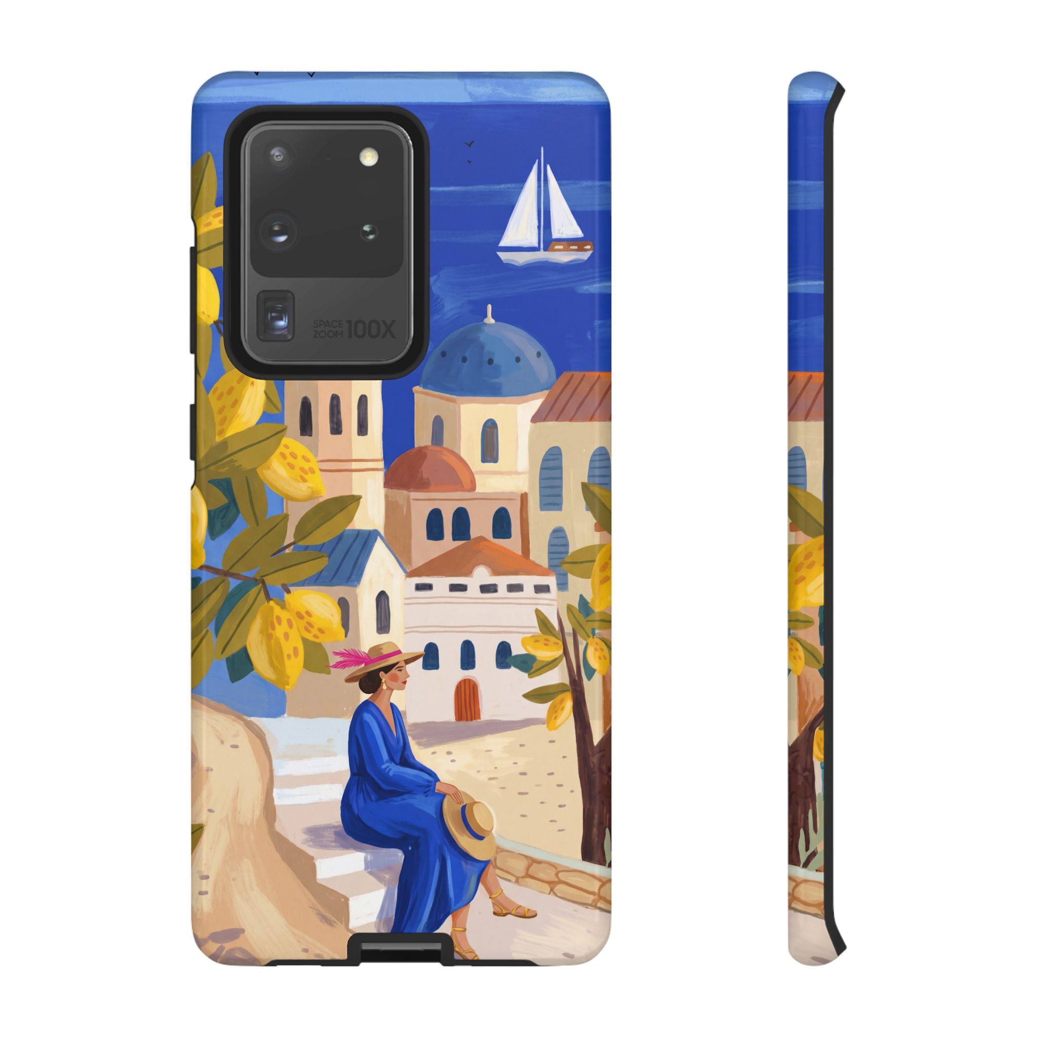 Mediterranean Village Samsung Galaxy Phone Case | Scenic Sailboat & Lemon Grove Design