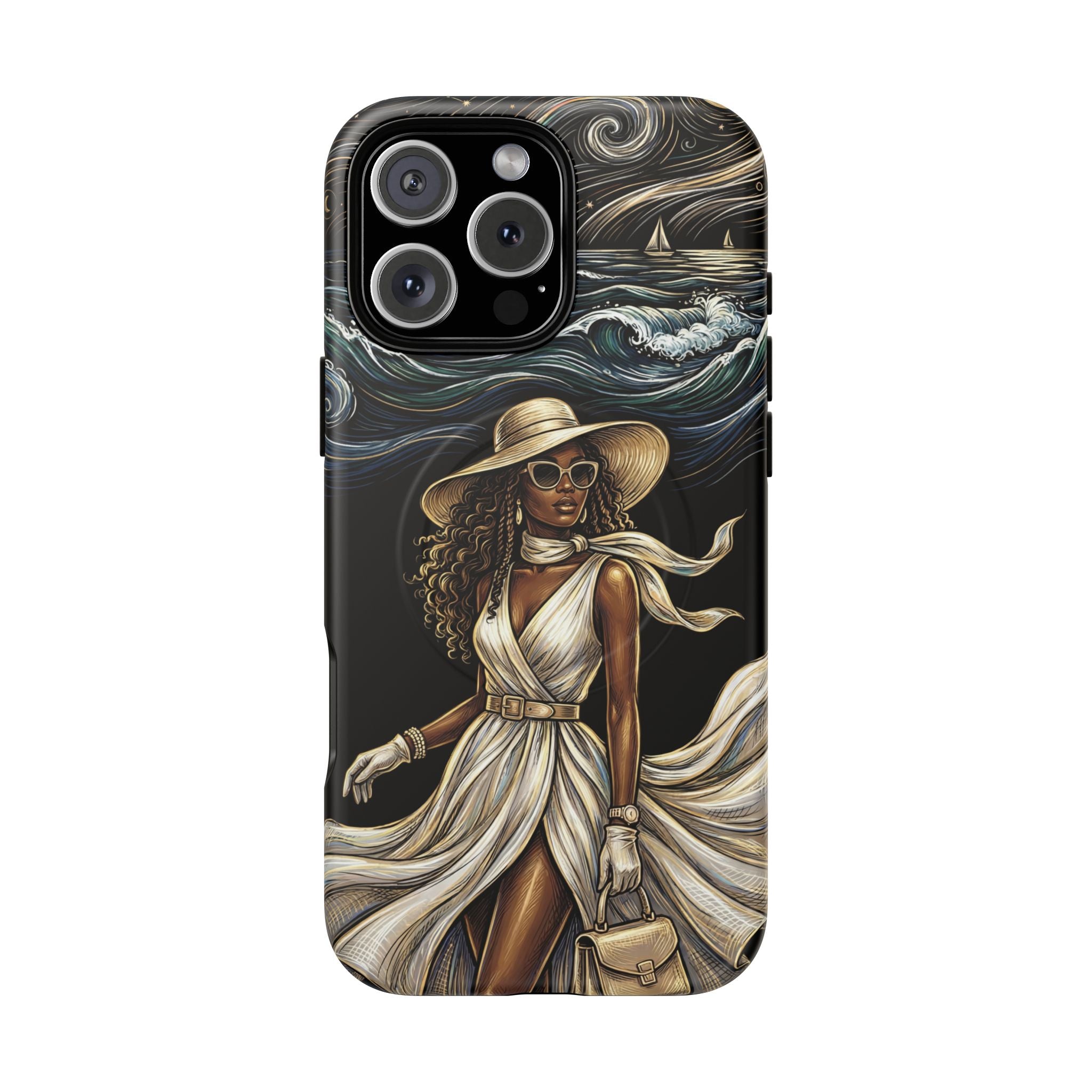 MagSafe iPhone Case | Elegant Black Woman in Flowing Dress by the Sea