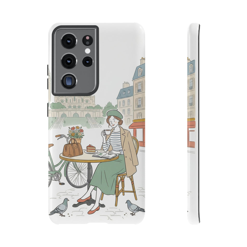Paris Cafe Illustration Samsung Galaxy Phone Case | Vintage Bicycles & Pigeons Protective Cover