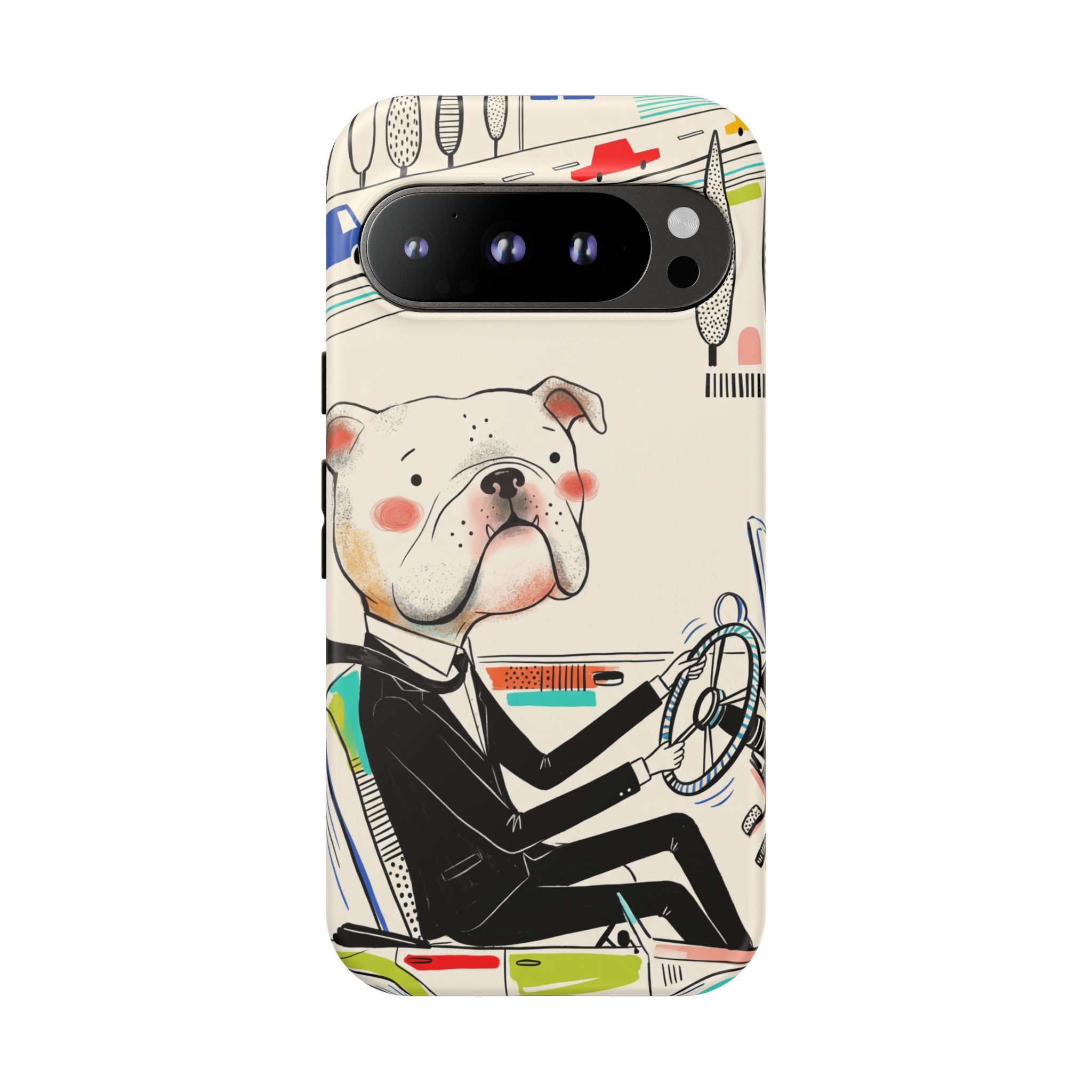 Bulldog Driver Google Pixel Phone Case | Cute Retro Dog Illustration