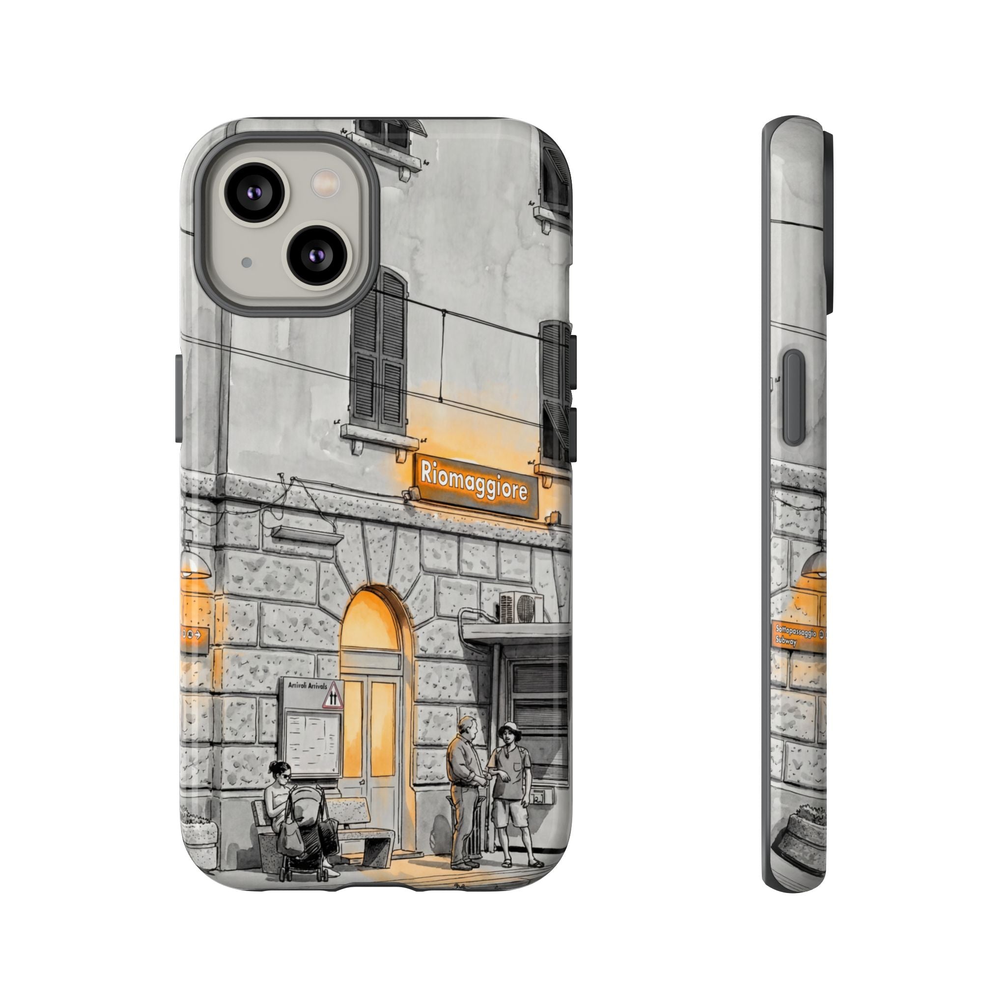 Cinque Terre Train Station iPhone Case | Black & White Sketch with Warm Yellow Accents