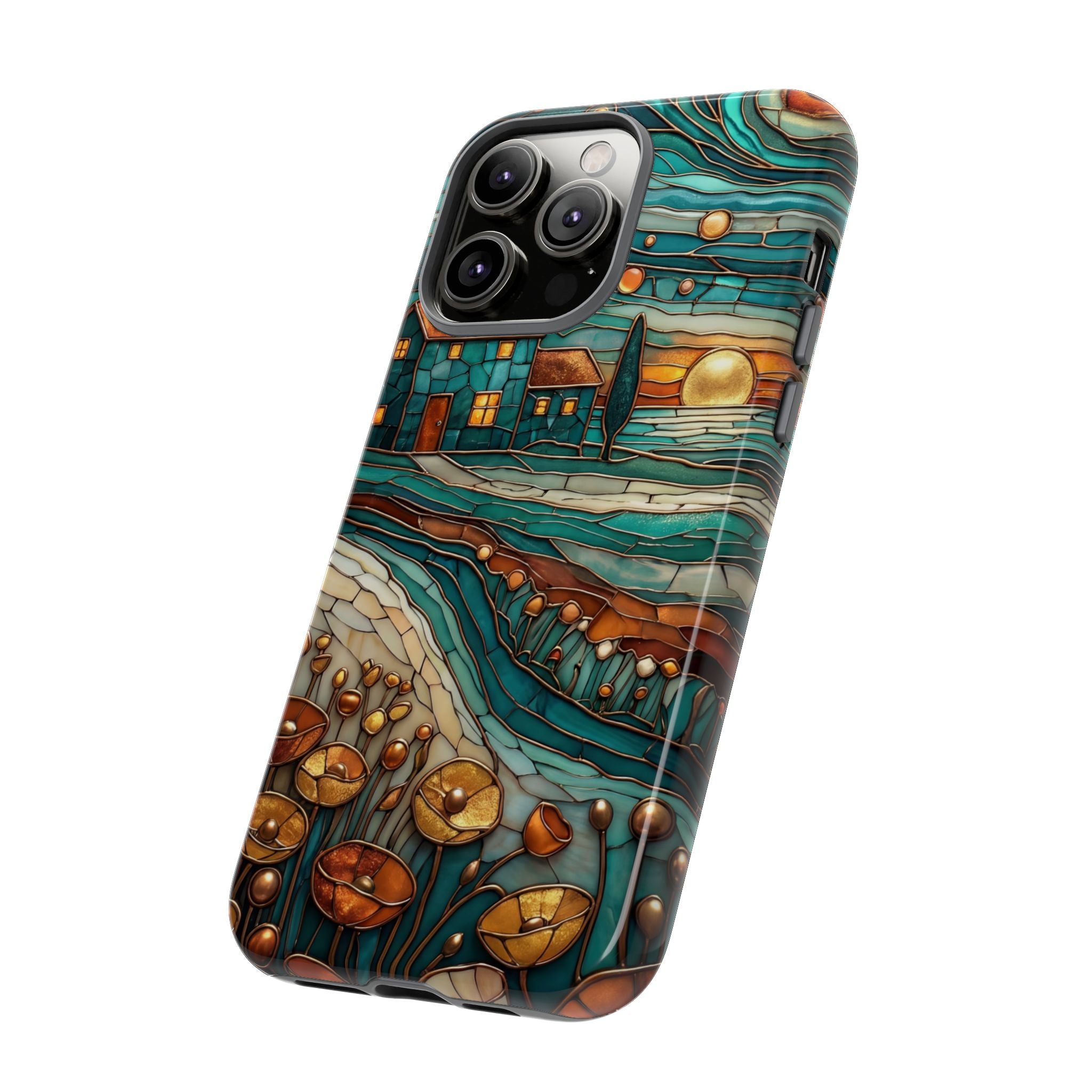 Artistic Sunset Cottage iPhone Case | Whimsical Floral Landscape Protective Cover