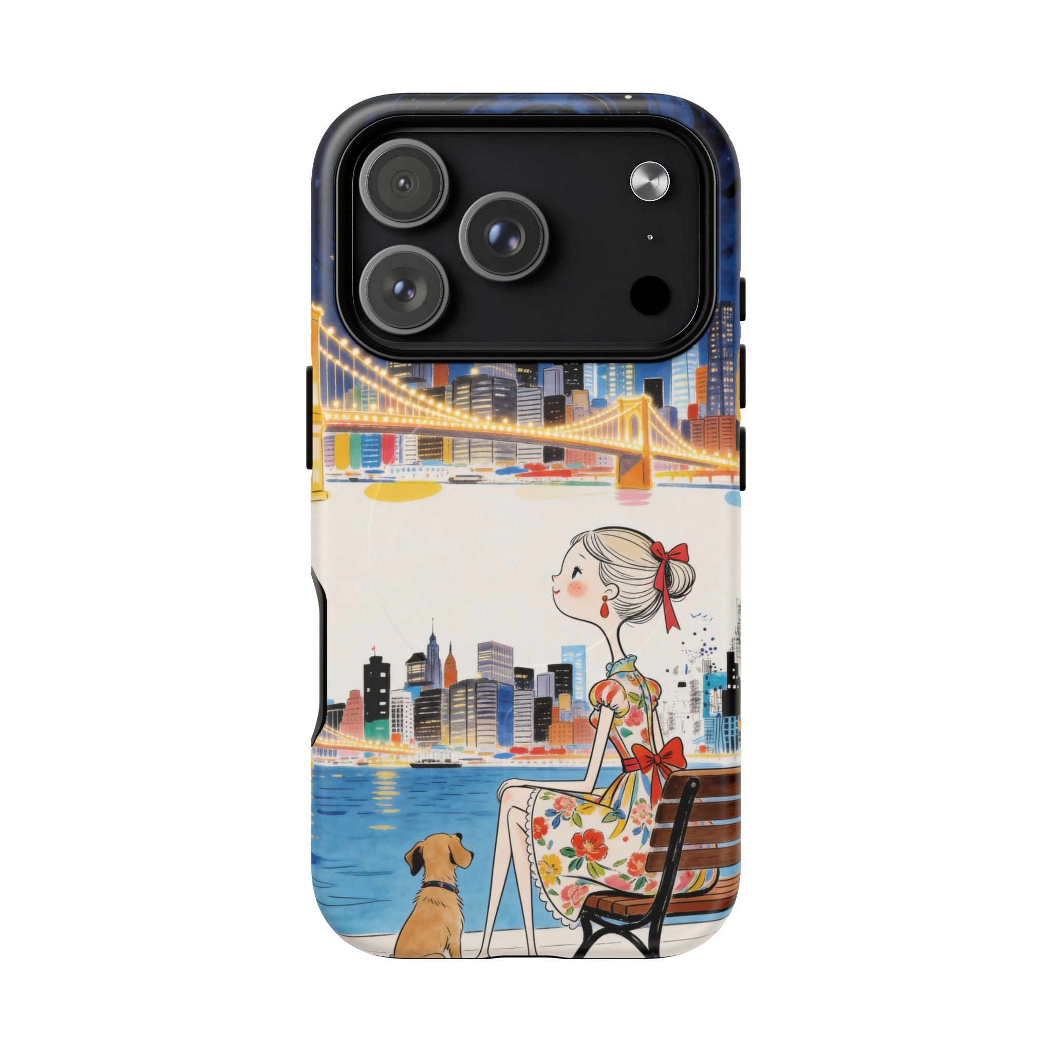 City Night MagSafe iPhone Case | Cute Girl & Dog Bench Illustration