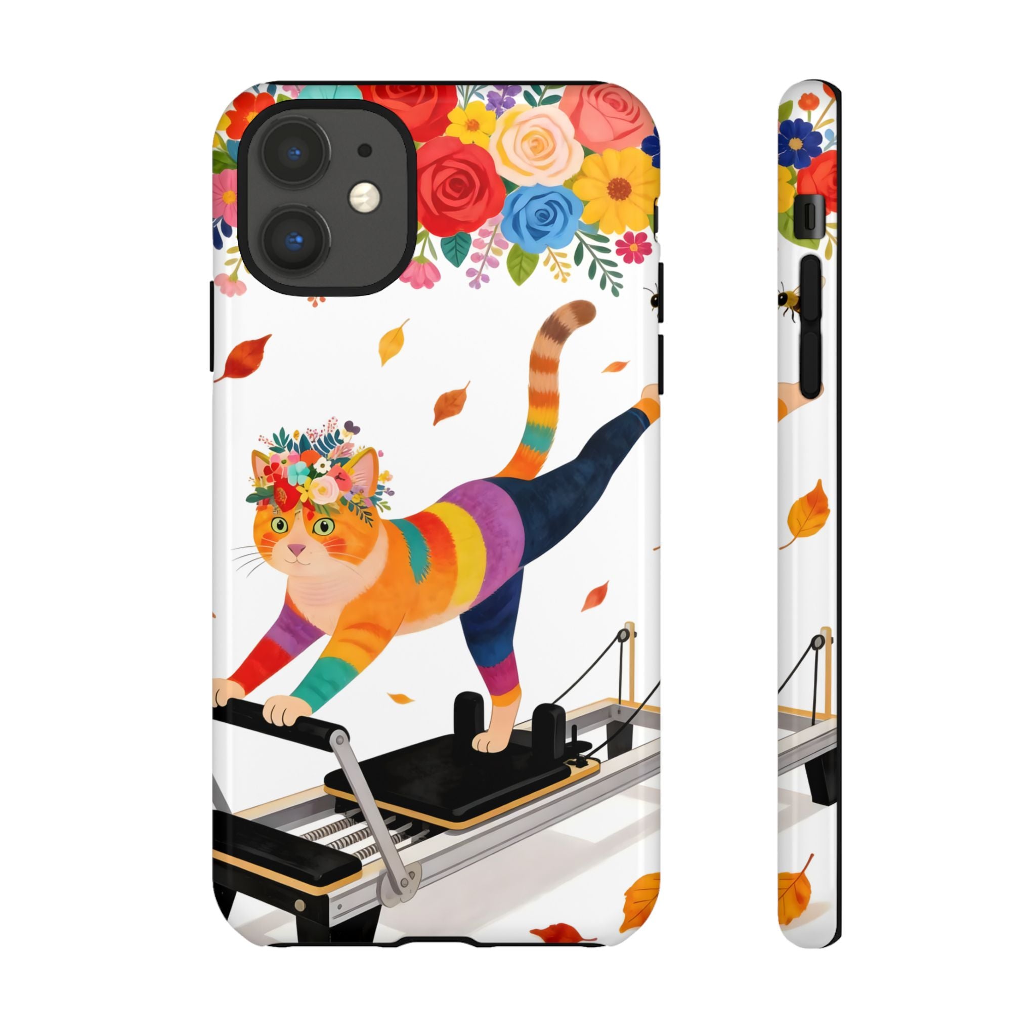 Cat Pilates iPhone Case | Floral Rainbow Cat on Reformer