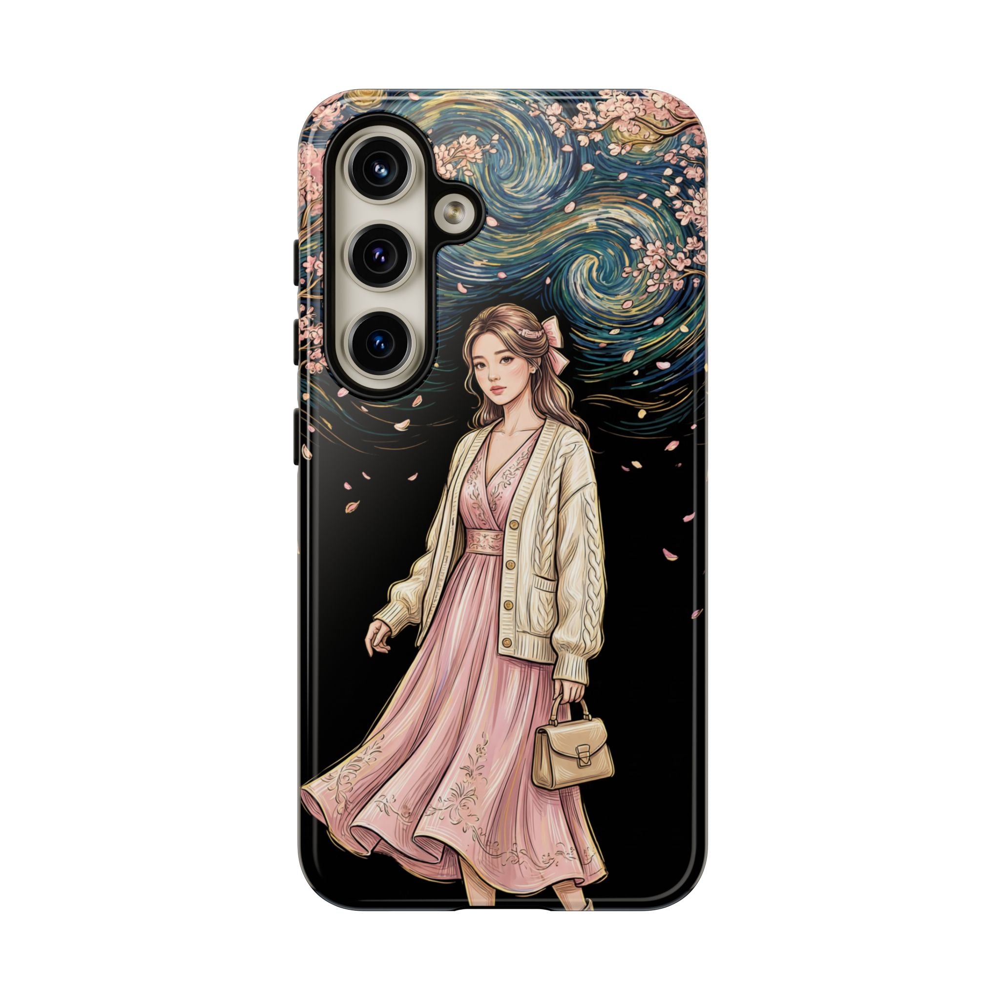 Floral Starry Night Samsung Galaxy Phone Case | Elegant Girl in Pink Dress